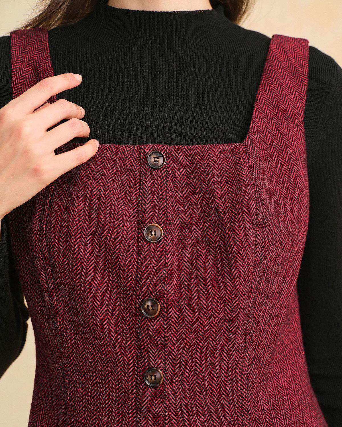 Red Sleeveless Slit Button Midi Dress Product Image