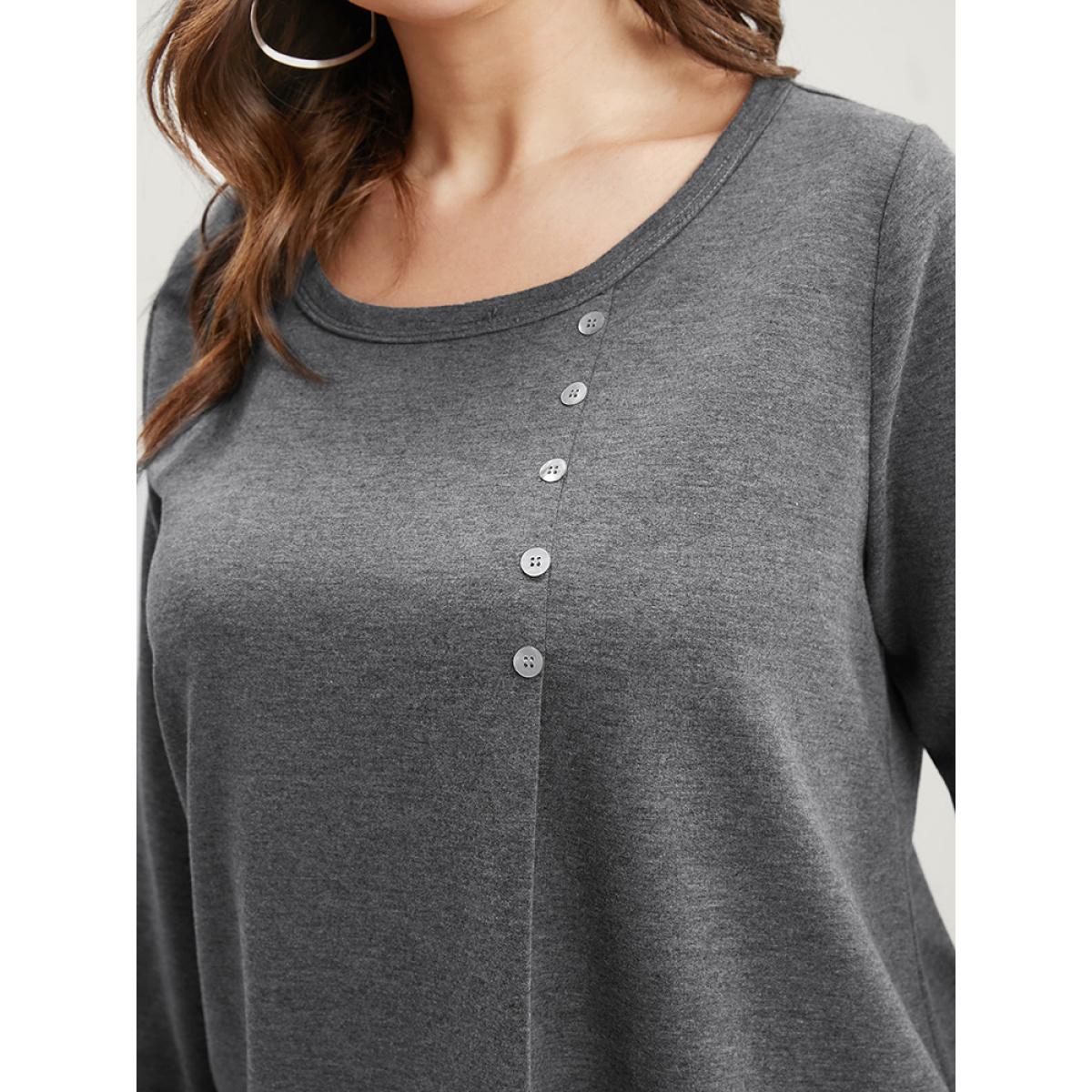 Plus Size Solid Crew Neck Button Detail Long Tee Gray Women Casual Button Plain Round Neck Dailywear T-shirts BloomChic 10/M Product Image