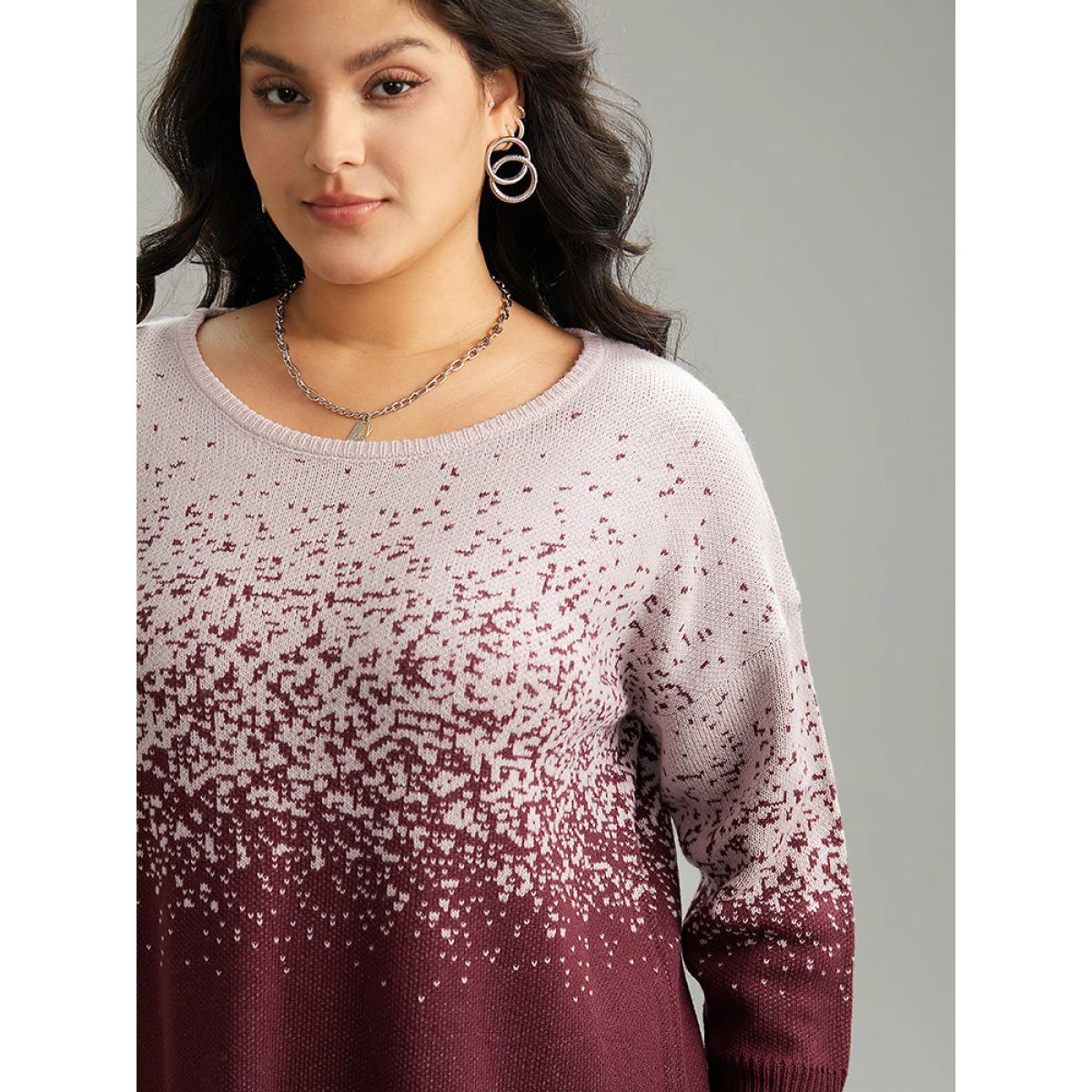 Plus Size Ombre Contrast Heather Round Neck Pullover Burgundy Women Casual Loose Long Sleeve Round Neck Dailywear Pullovers BloomChic 22-24/3X Product Image