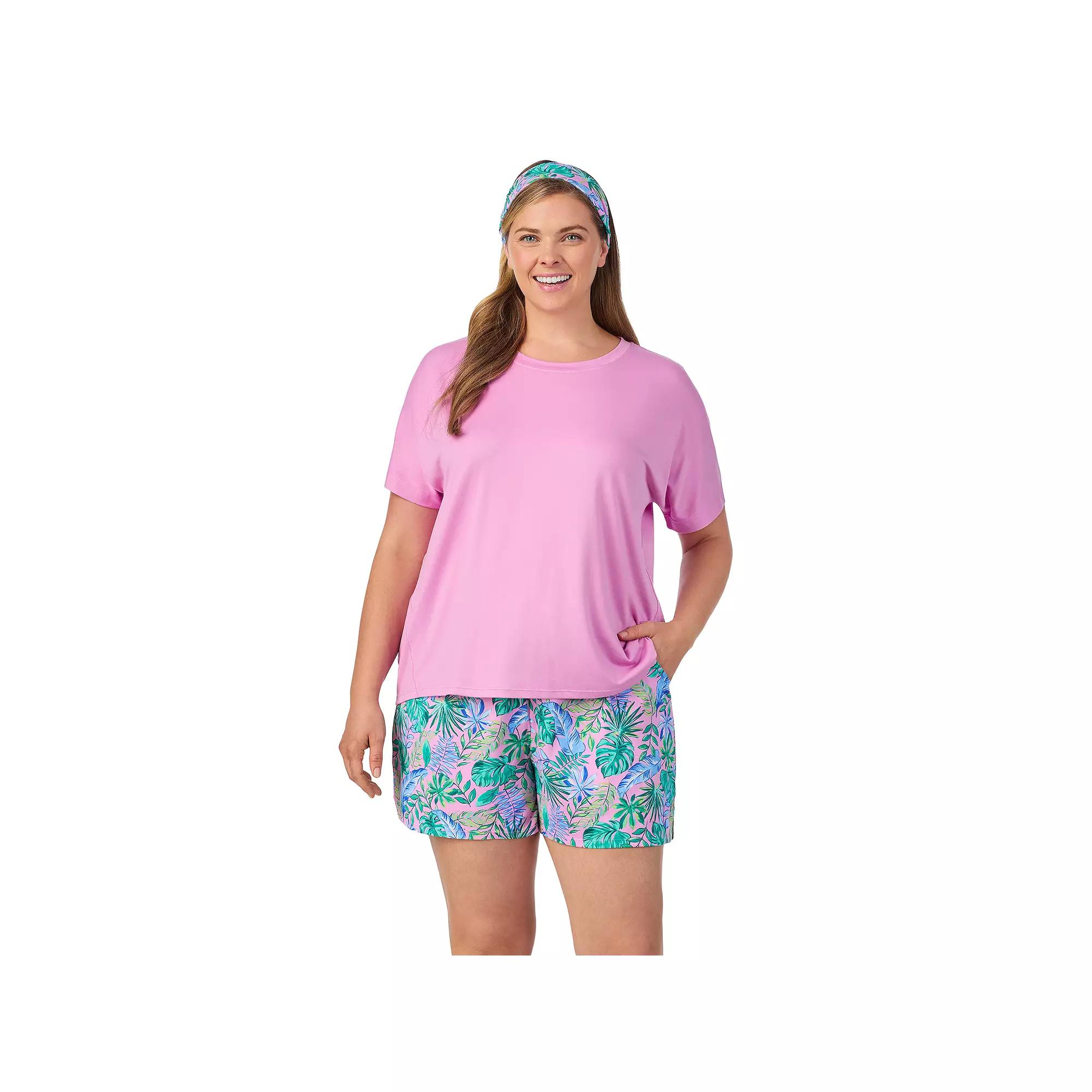 Plus Size Cuddl Duds Short Sleeve Pajama Top & Pajama Shorts Set with Matching Headband, Womens Purple Pink Leaves Product Image