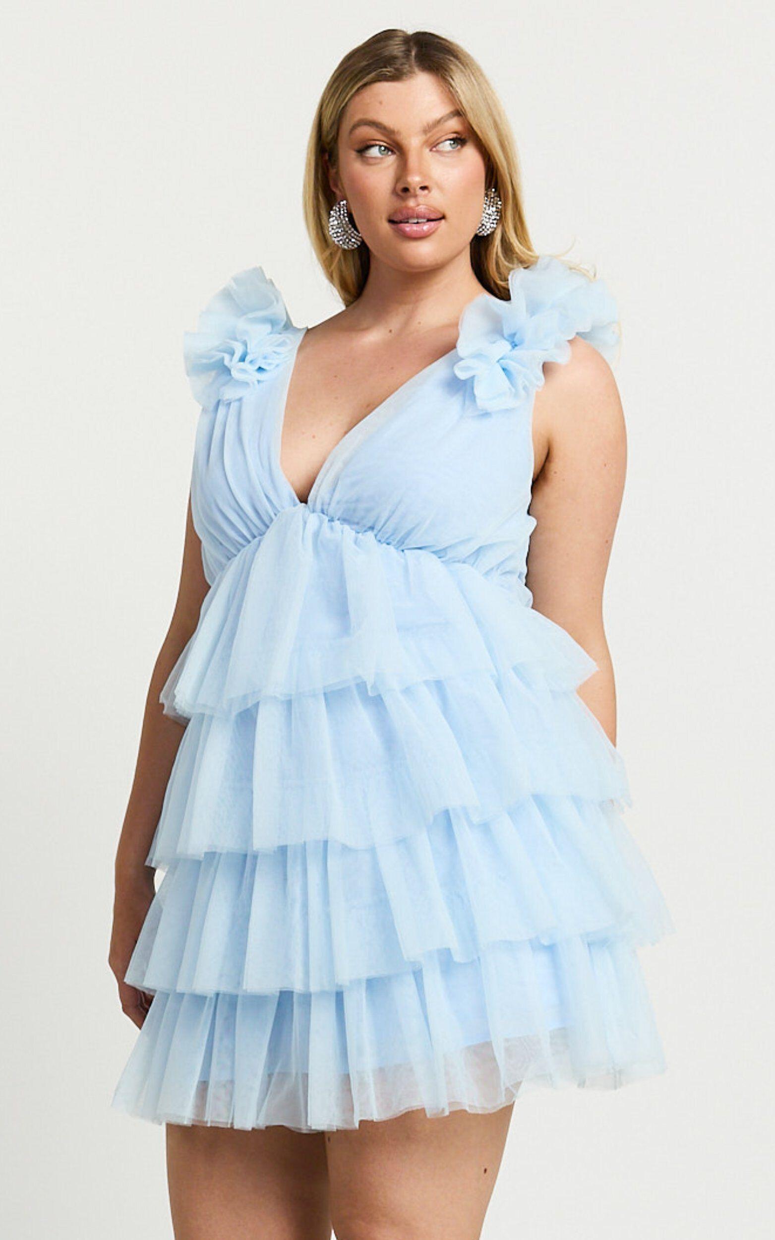 Hayden Mini Dress - Low Back Tulle Tiered Dress in Light Blue Product Image