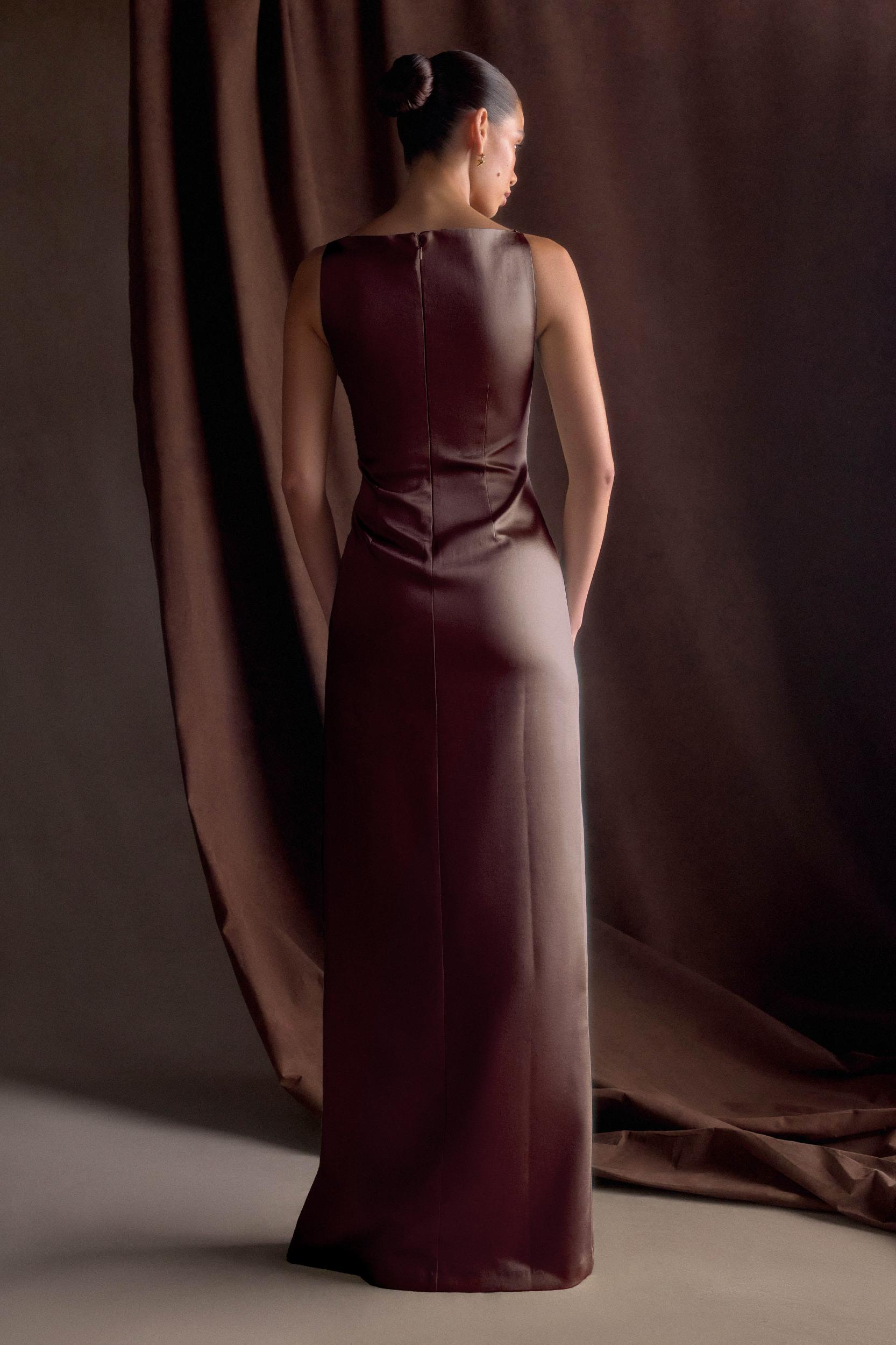 Violet Sleeveless Satin Maxi Dress - Dark Chocolate Product Image