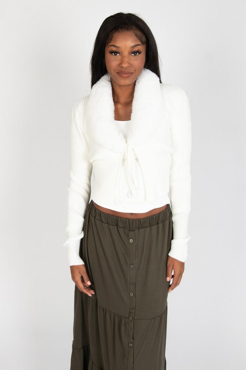 Faux Fur Collar Tie Front Cardigan Product Image