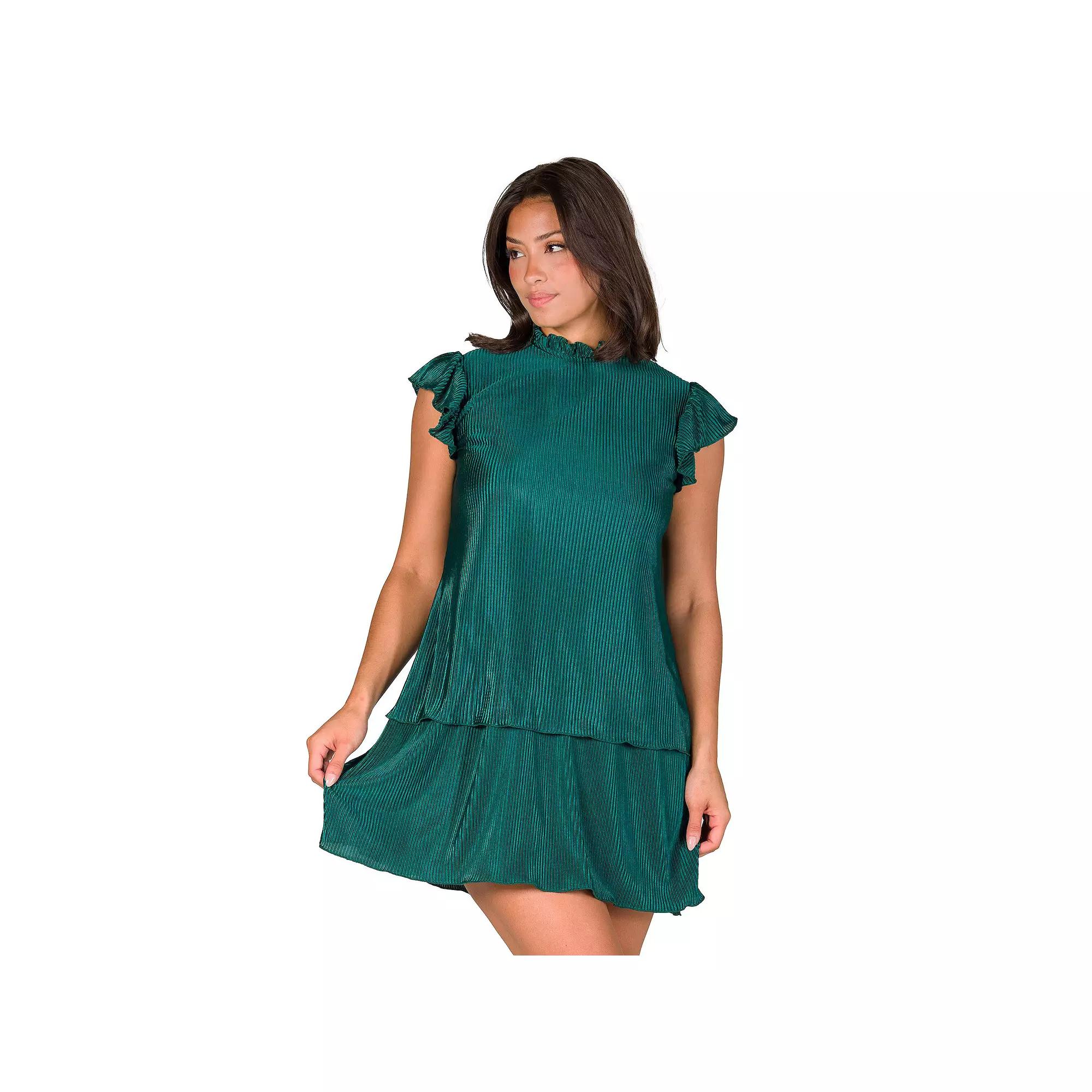 Women's 24Seven Comfort Apparel Ruffle Cap Sleeve High Neck Pleated Tiered Mini Dress,  Product Image