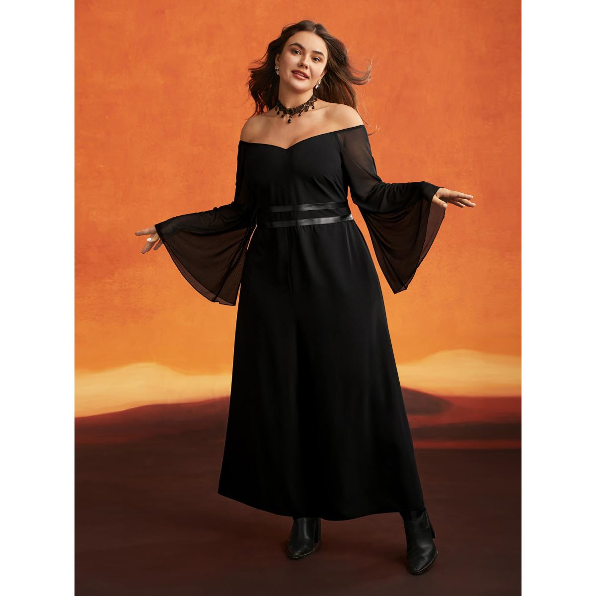 Plus Size Black Wicked Witch Leather Belt Off-Shoulder Jumpsuit Women Cocktail Extra Long Sleeve One-shoulder neck Party Loose Jumpsuits BloomChic 12/L Product Image