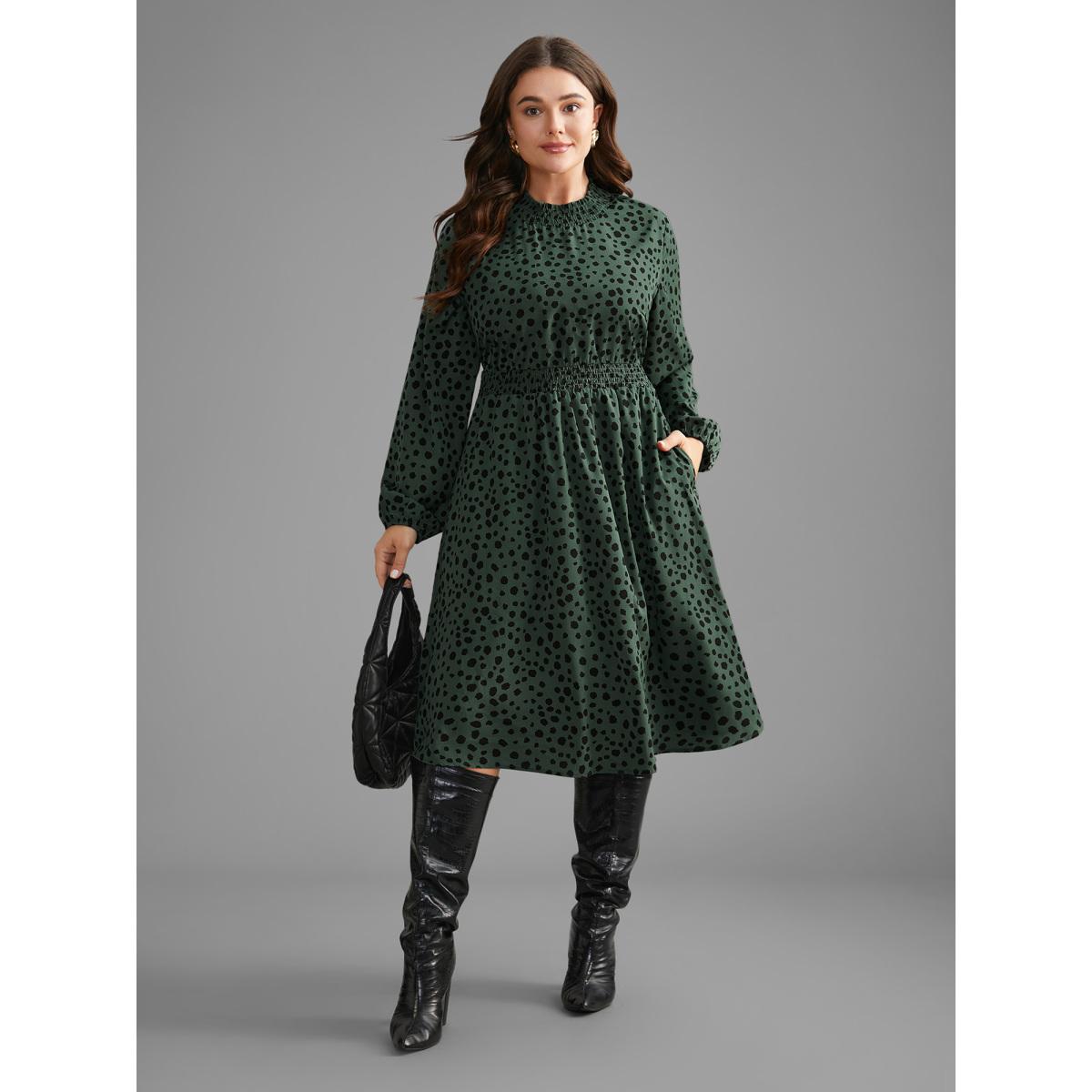 Plus Size Polka Dot Shirred Frill Trim Dress DarkGreen Women At the Office Frill Trim Mock Neck Long Sleeve Curvy BloomChic 18-20/2X Product Image