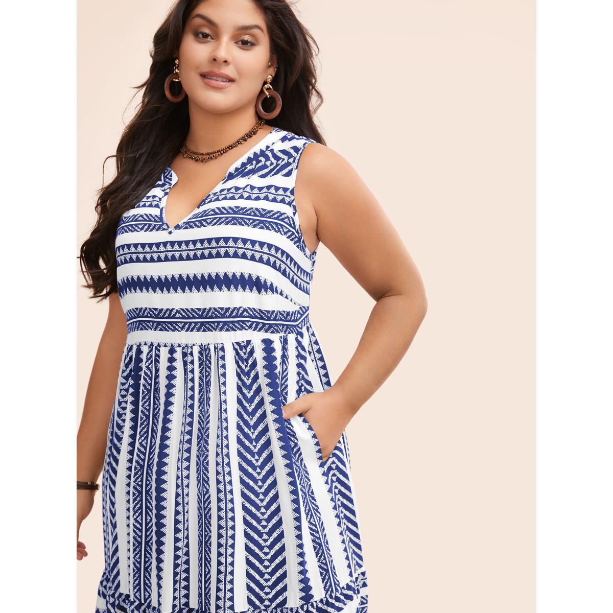 Plus Size Striped Geometric Pocket Ruffle Hem Sleeveless Tank Dress Blue Women Casual Non V-neck Sleeveless Curvy BloomChic 30/6X Product Image