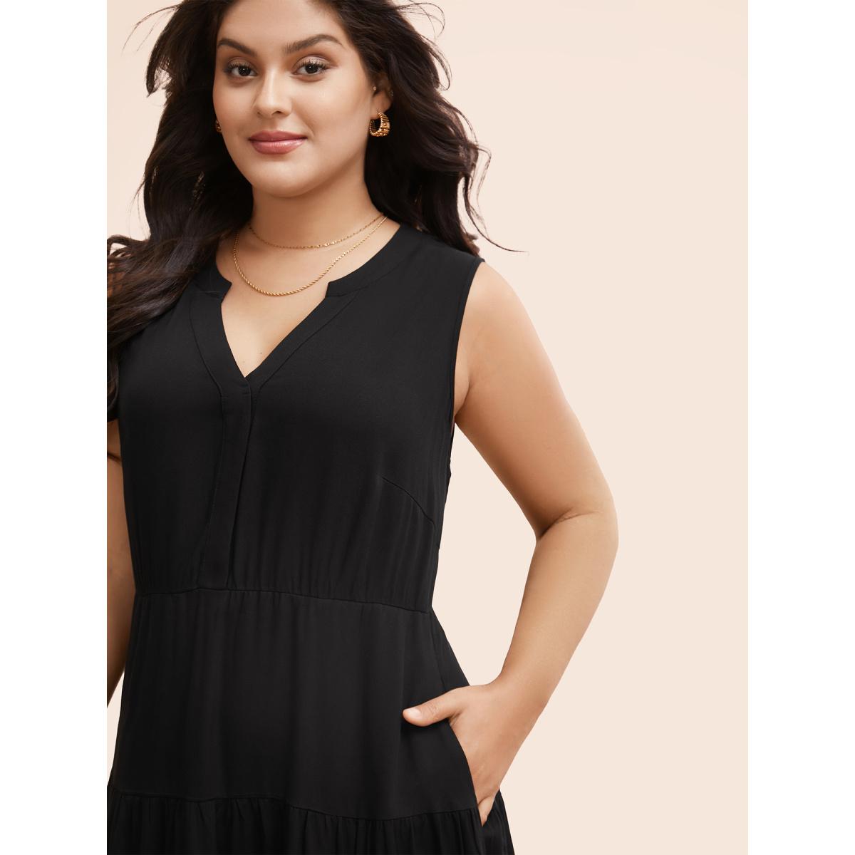Plus Size Supersoft Essentials Notched Ruffle Layered Hem Sleeveless Dress Black Women Elegant Gathered V-neck Sleeveless Curvy Midi Dress BloomChic 22-24/3X Product Image