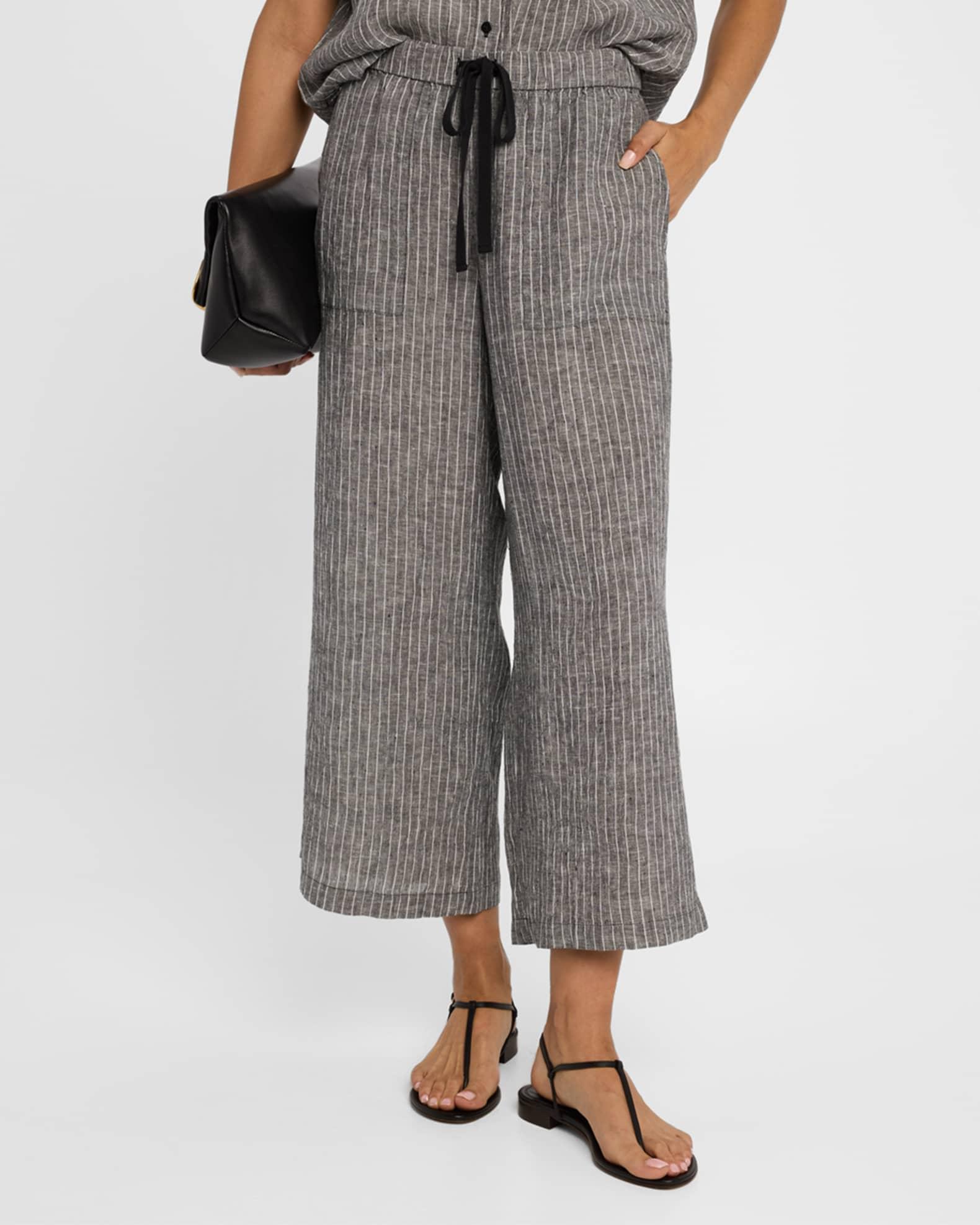 Cropped Wide-Leg Striped Organic Linen Pants Product Image