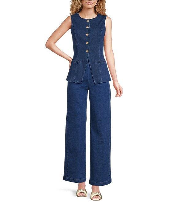 Sugarlips Jeanie Stretch Denim V-Neck Sleeveless Button Front Vest Product Image