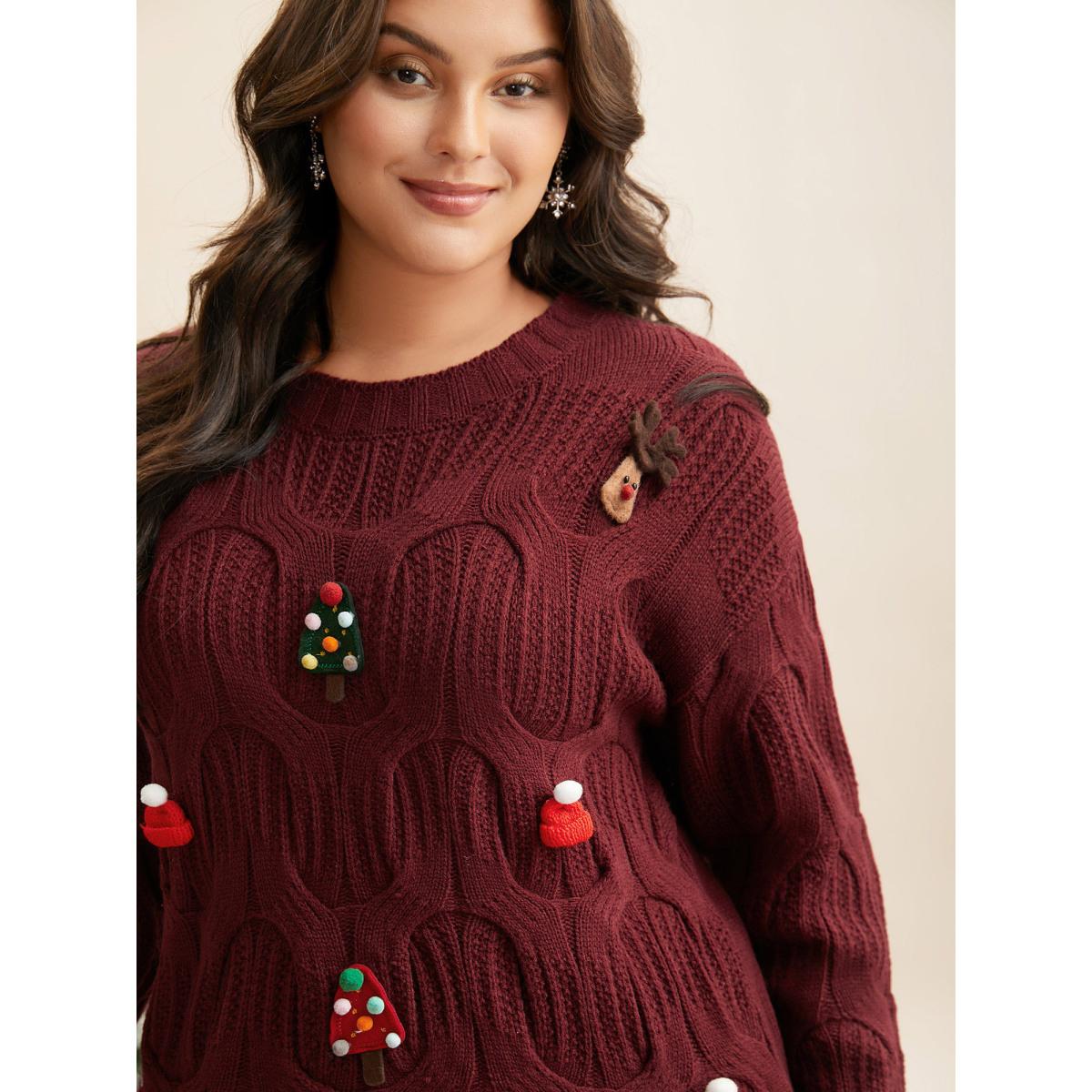 Plus Size Tis The Season Motifs Cable Knit Pullover Scarlet Women Casual Loose Long Sleeve Round Neck Everyday Pullovers BloomChic 18-20/2X Product Image