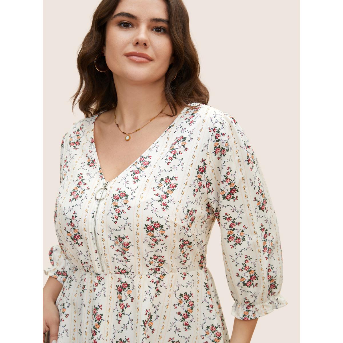 Plus Size Originalwhite Boho Print O Ring Zipper Lantern Sleeve Blouse Women Elegant Elbow-length sleeve V-neck Everyday Blouses BloomChic 14-16/1X Product Image