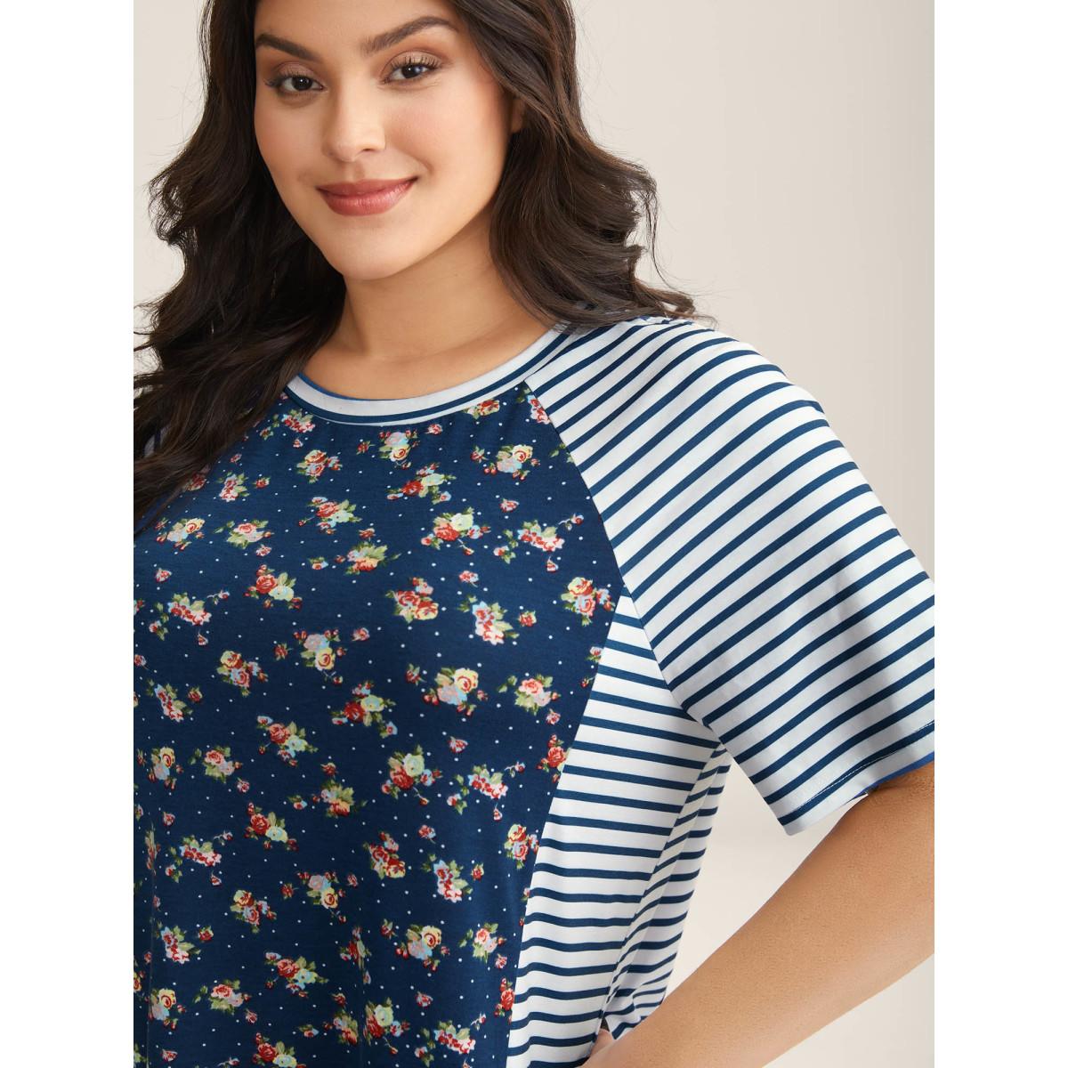 Plus Size Floral Stripes Raglan Sleeve T-Shirt Indigo Women Contrast Round Neck Everyday-Casual T-shirts BloomChic 10/M Product Image
