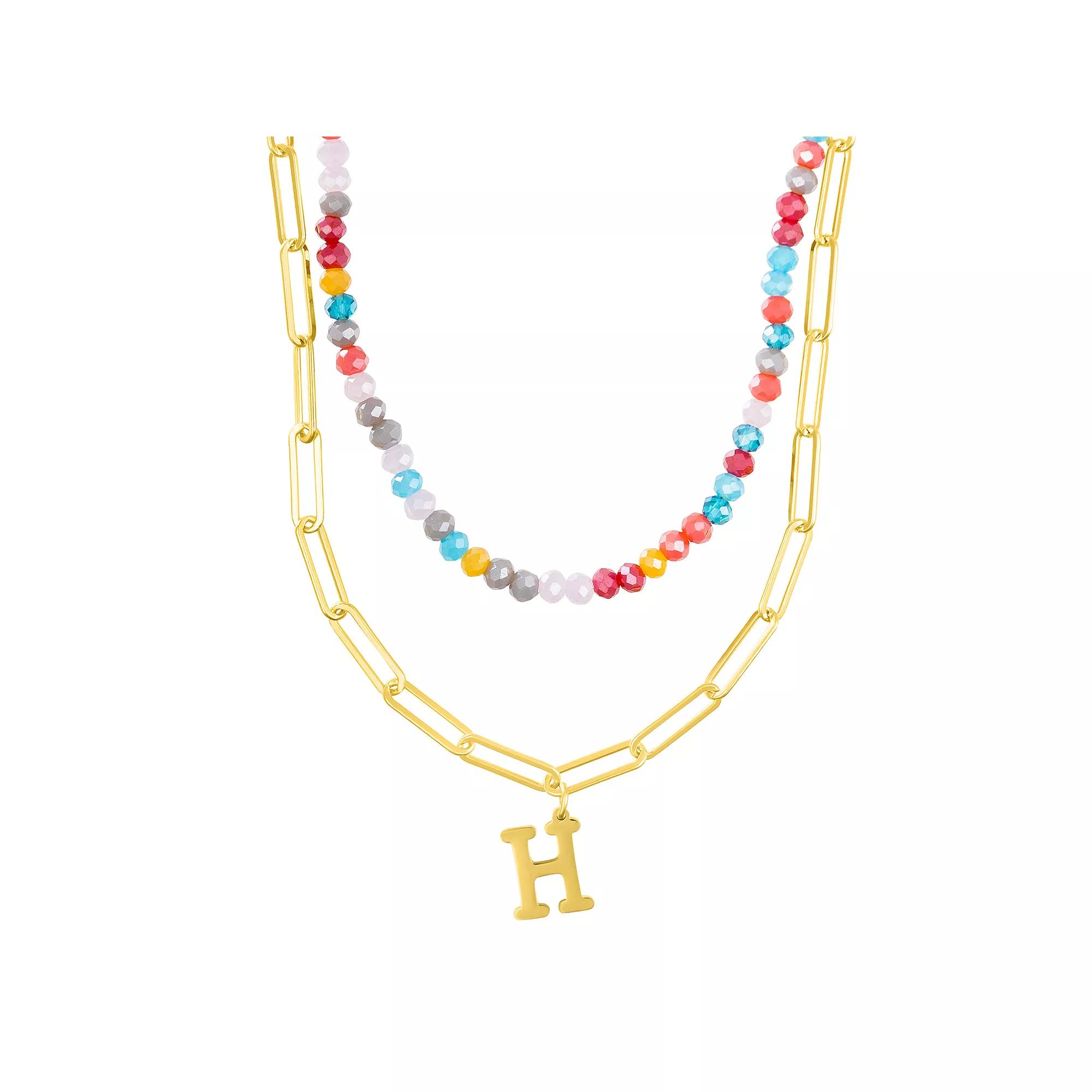 Adornia Gold Tone Adjustable Layered Color Simulated Stone Beads & Paperclip Chain Initial Necklace, Women's,  Product Image