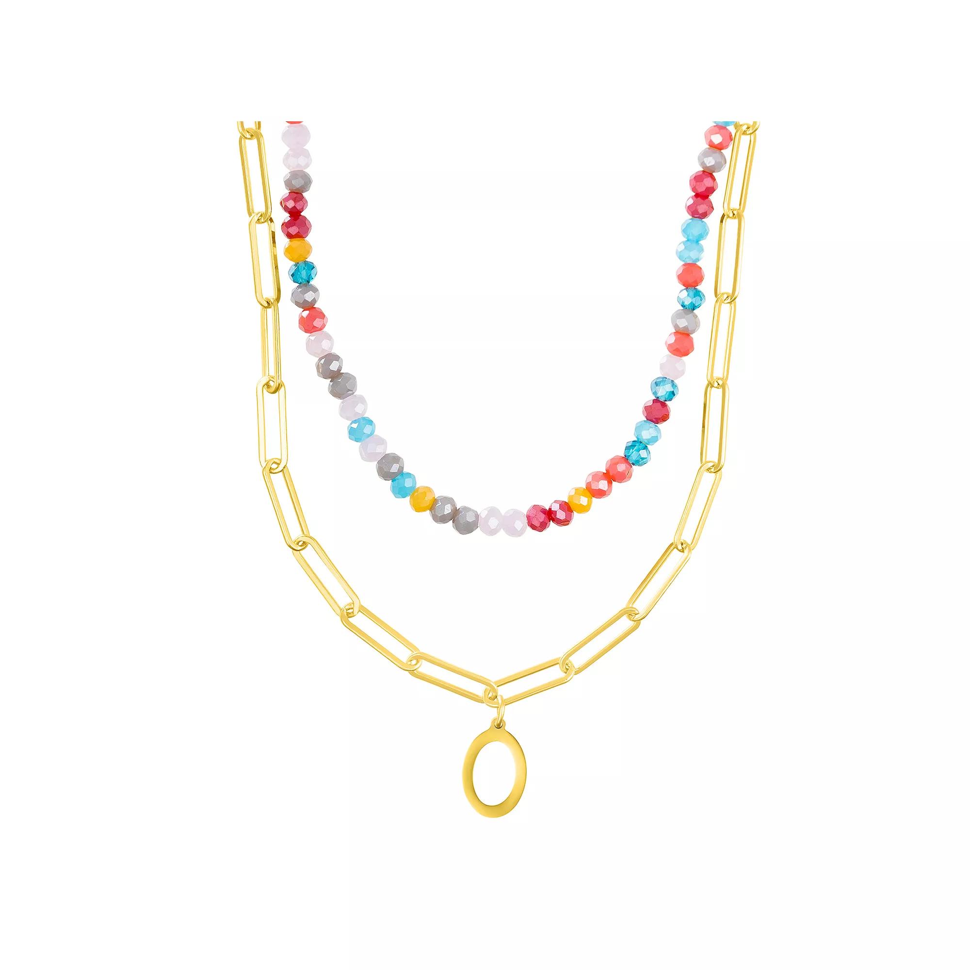 Adornia Gold Tone Adjustable Layered Color Simulated Stone Beads & Paperclip Chain Initial Necklace, Women's,  Product Image