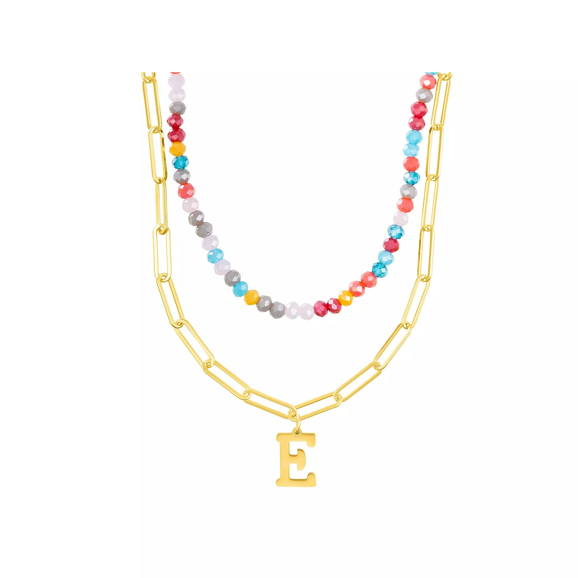 Adornia Gold Tone Adjustable Layered Color Simulated Stone Beads & Paperclip Chain Initial Necklace, Women's,  Product Image