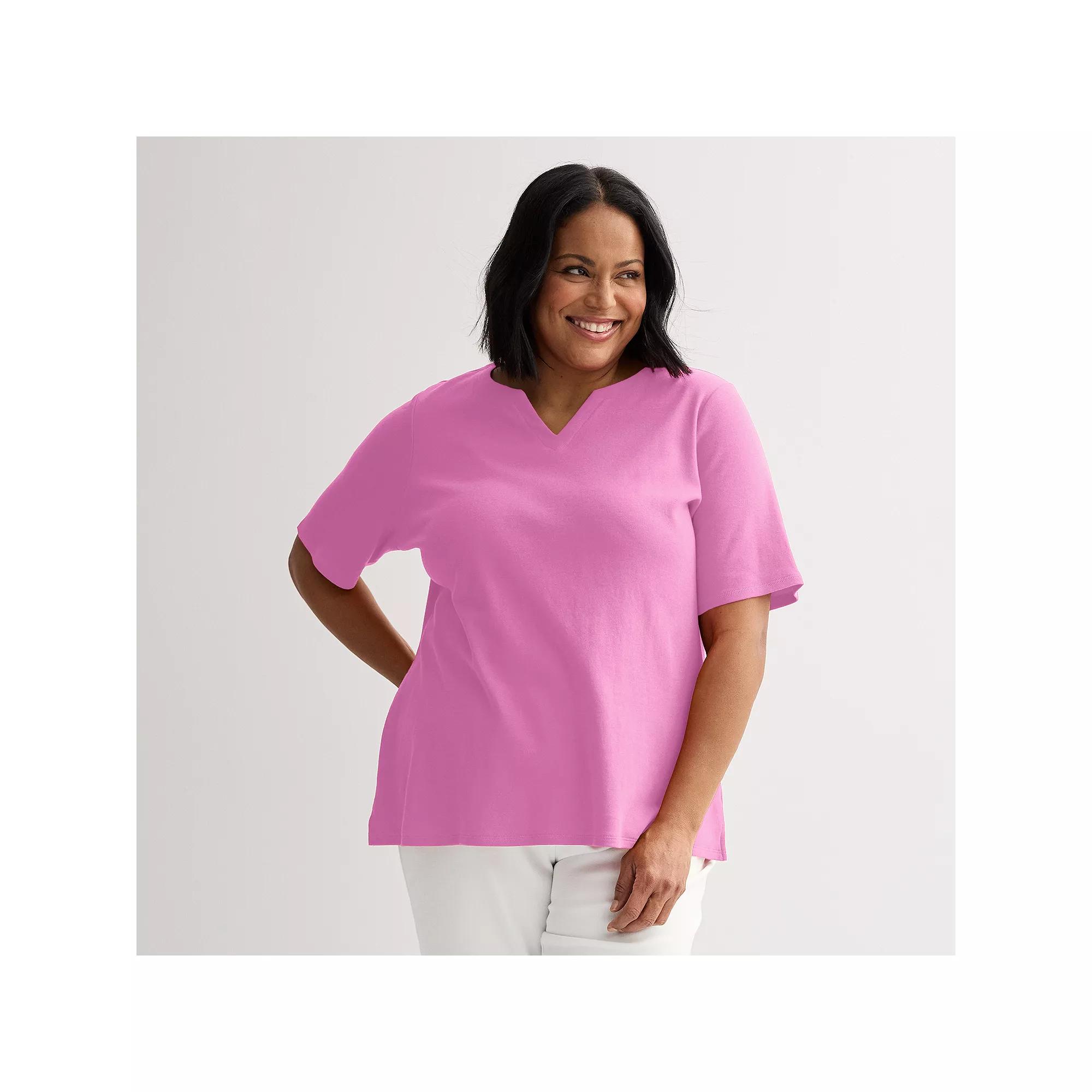 Plus Size Croft & Barrow® Elbow Sleeve Split Neck Top, Women's, Size: 3XL, Pink Wonder Product Image