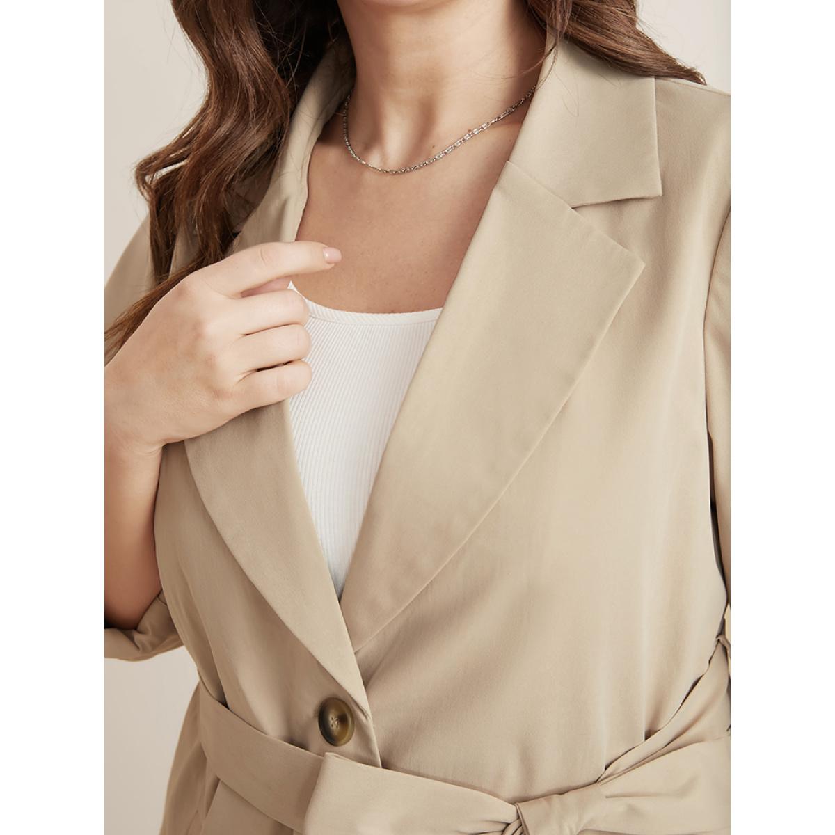 Plus Size Solid Pocket Roll Sleeve Button Up Belted Coat Women Apricot Office Cross straps Ladies Dailywear Winter Coats BloomChic 18-20/2X Product Image