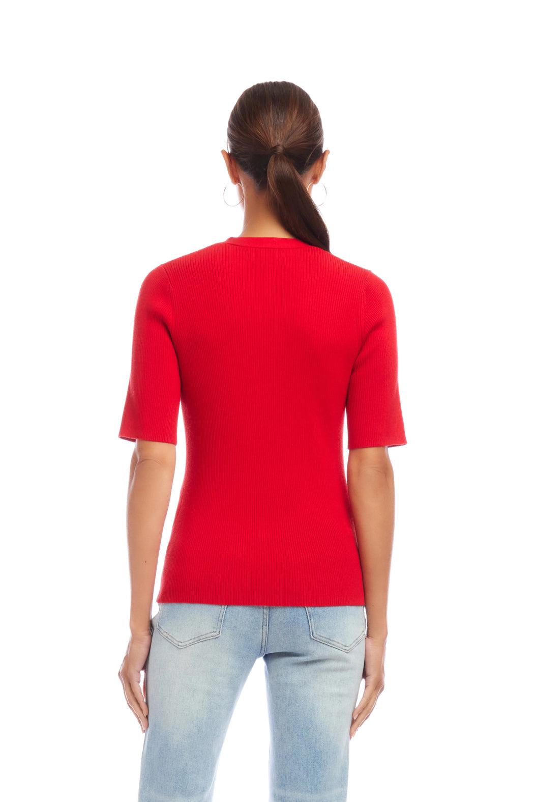 Short Sleeve Ribbed Cardigan Sweater - Red Product Image