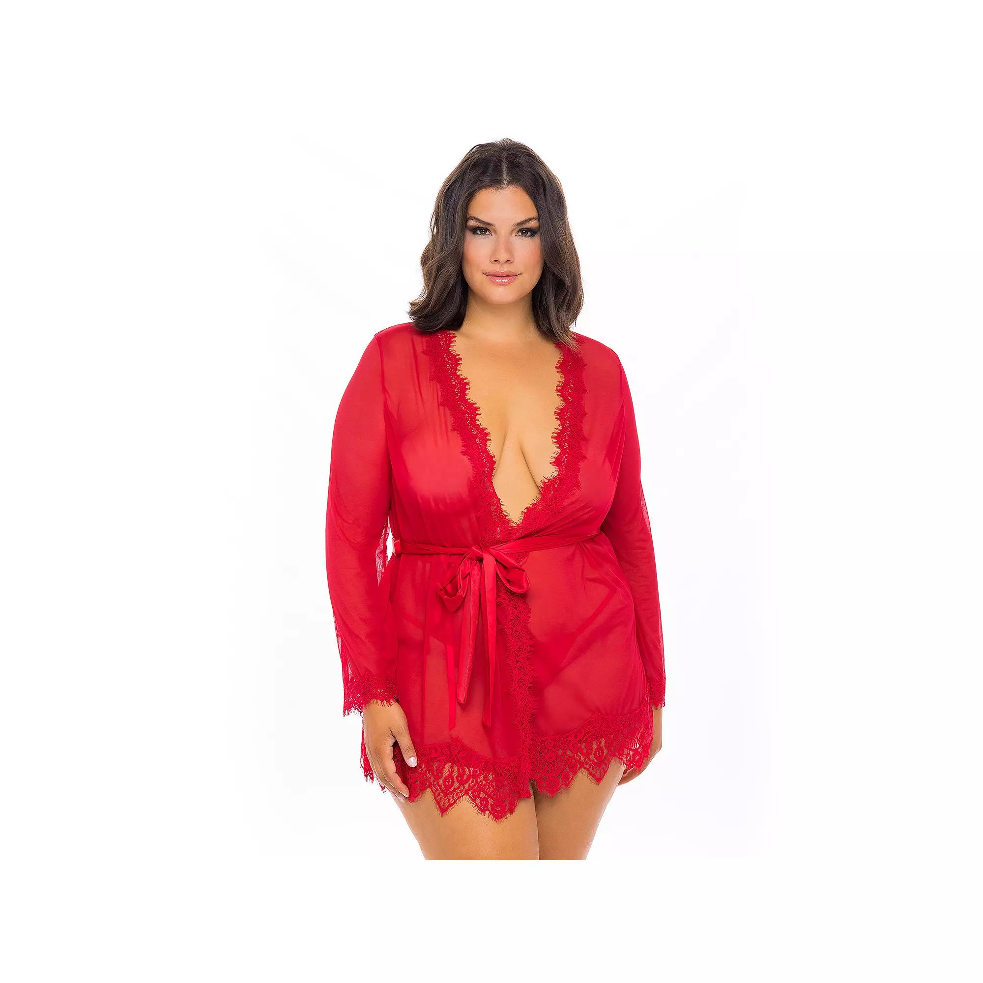 Plus Size Oh La La Cheri Provence Eyelash Lace Robe & G-String Set 94-11136X, Women's, Size: 3XL-4XL, White Product Image