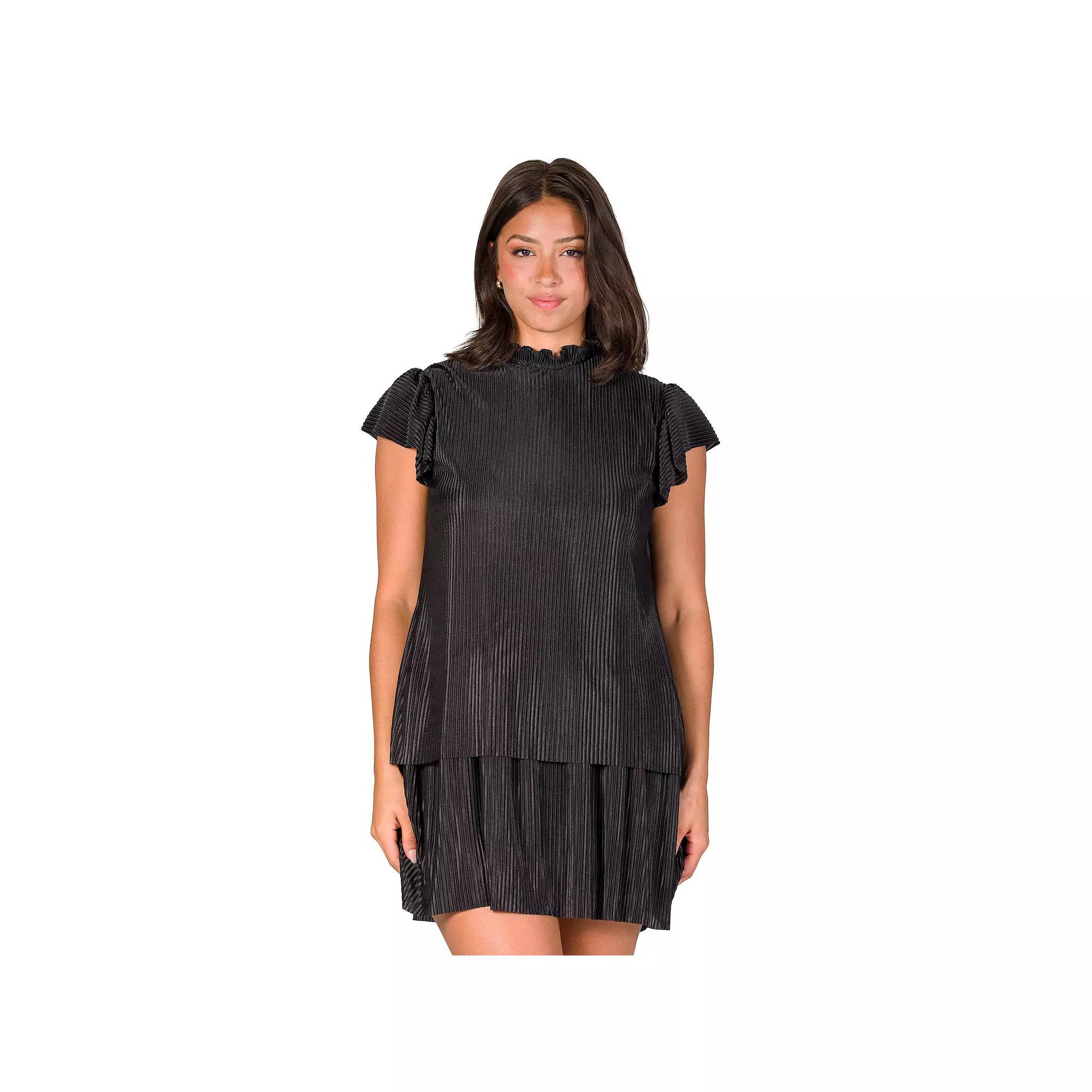 Women's 24Seven Comfort Apparel Ruffle Cap Sleeve High Neck Pleated Tiered Mini Dress,  Product Image