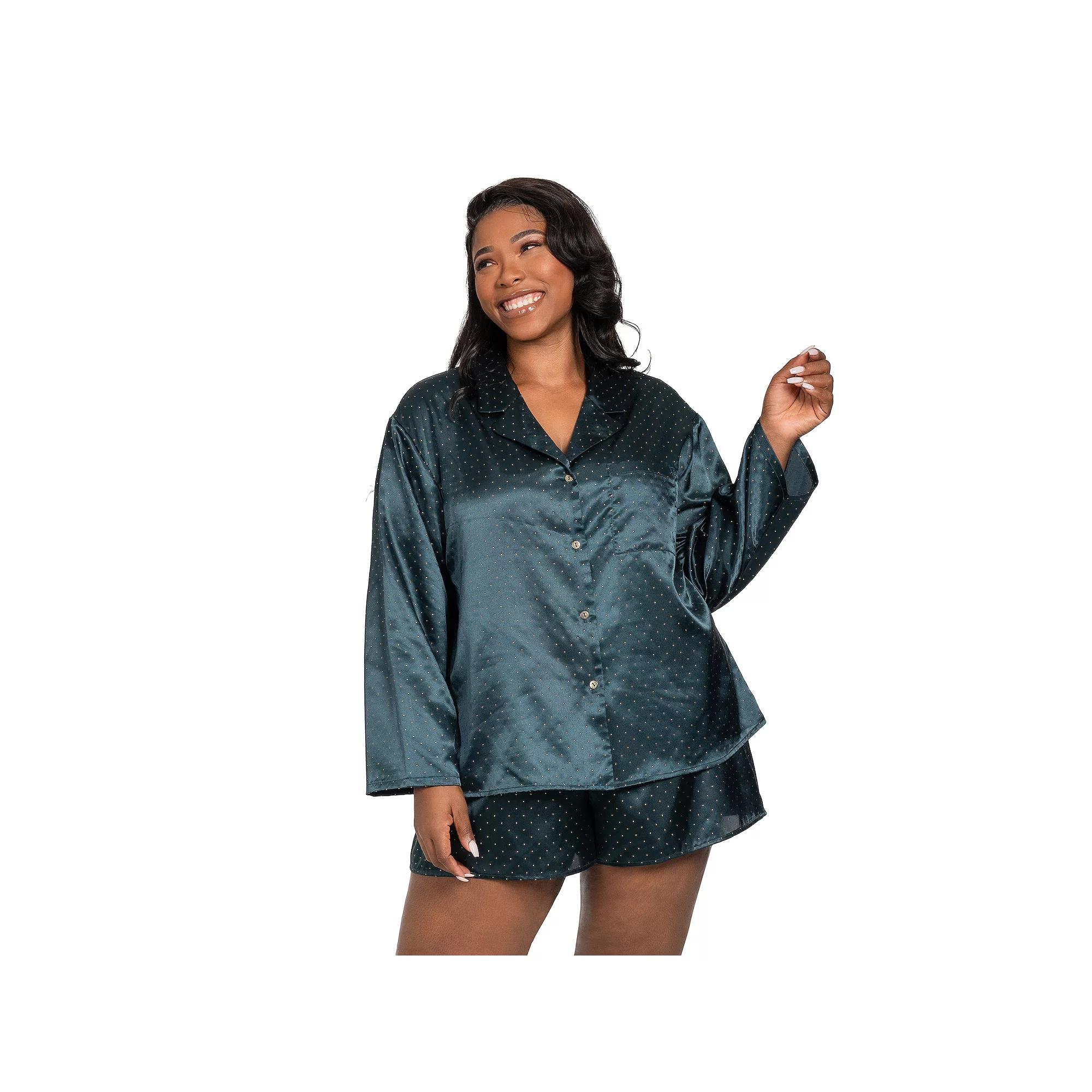 Plus Size Lilac+London Satin Button-Down Pajama Top & Pajama Shorts Set, Women's, Size: 2XL, Green Product Image