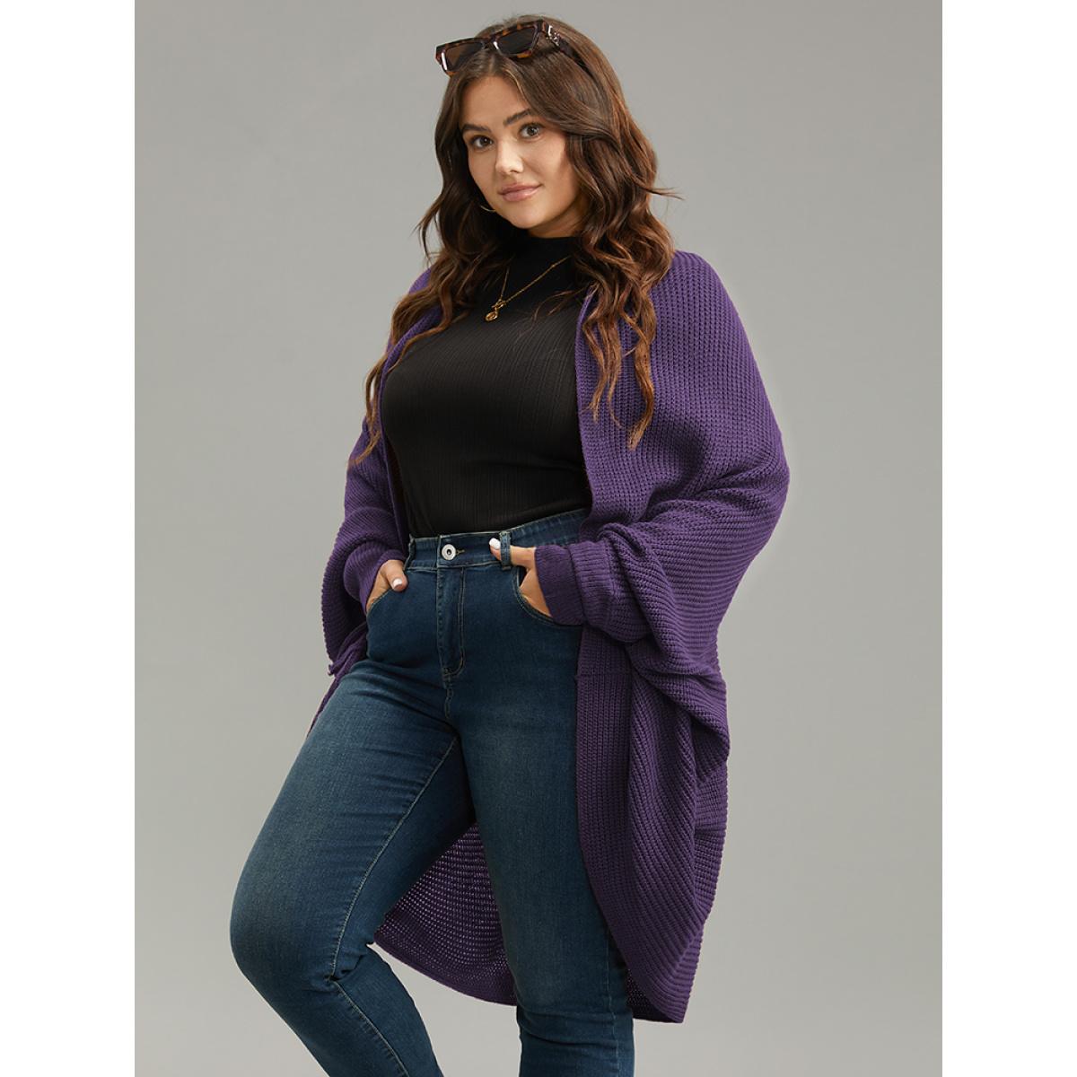 Plus Size Solid Dolman Sleeve Arc Hem Cardigan Eggplant Women Casual Loose Long Sleeve Dailywear Cardigans BloomChic 22-24/3X Product Image
