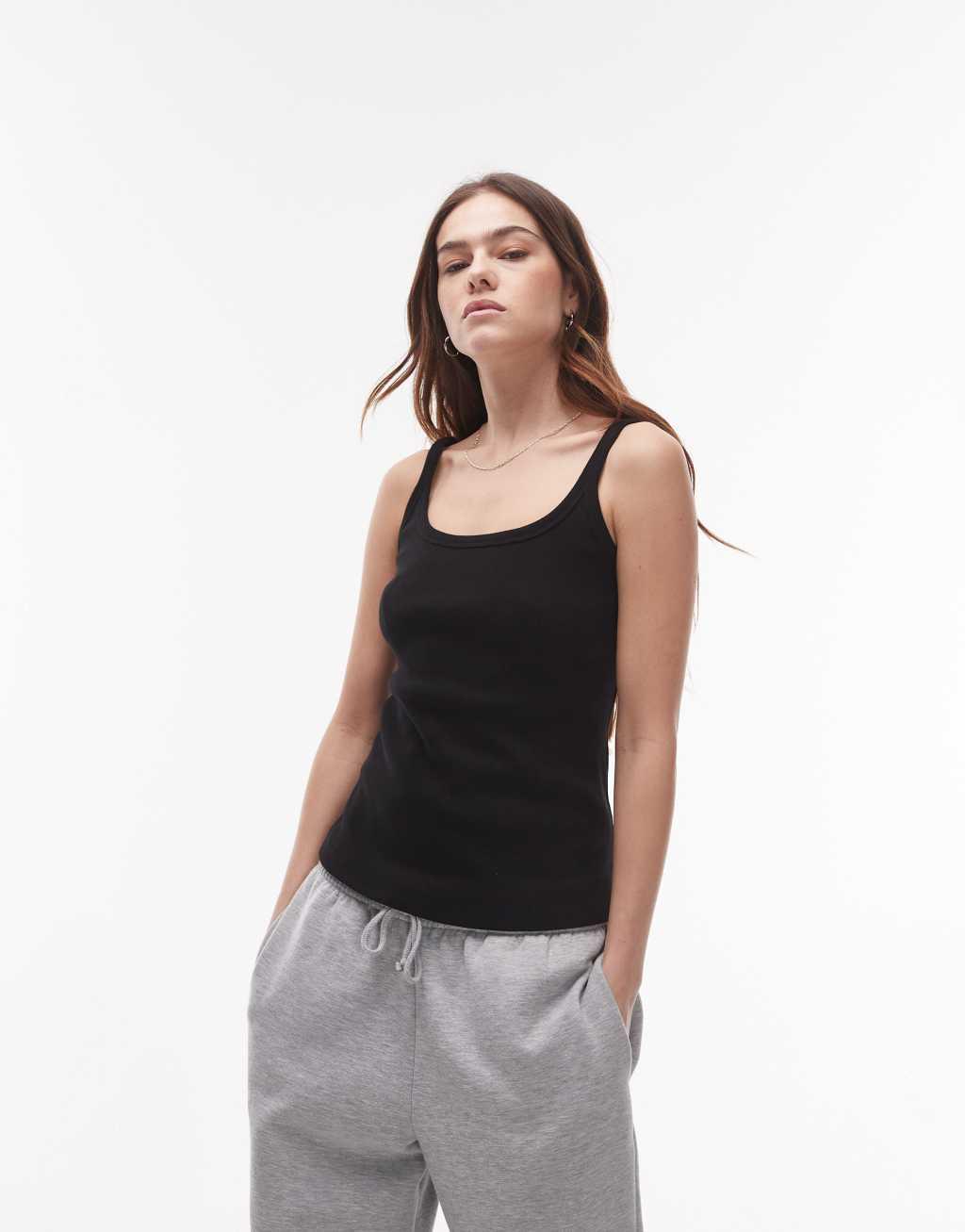 Topshop skinny strap scoop ribbed tank top in black Product Image