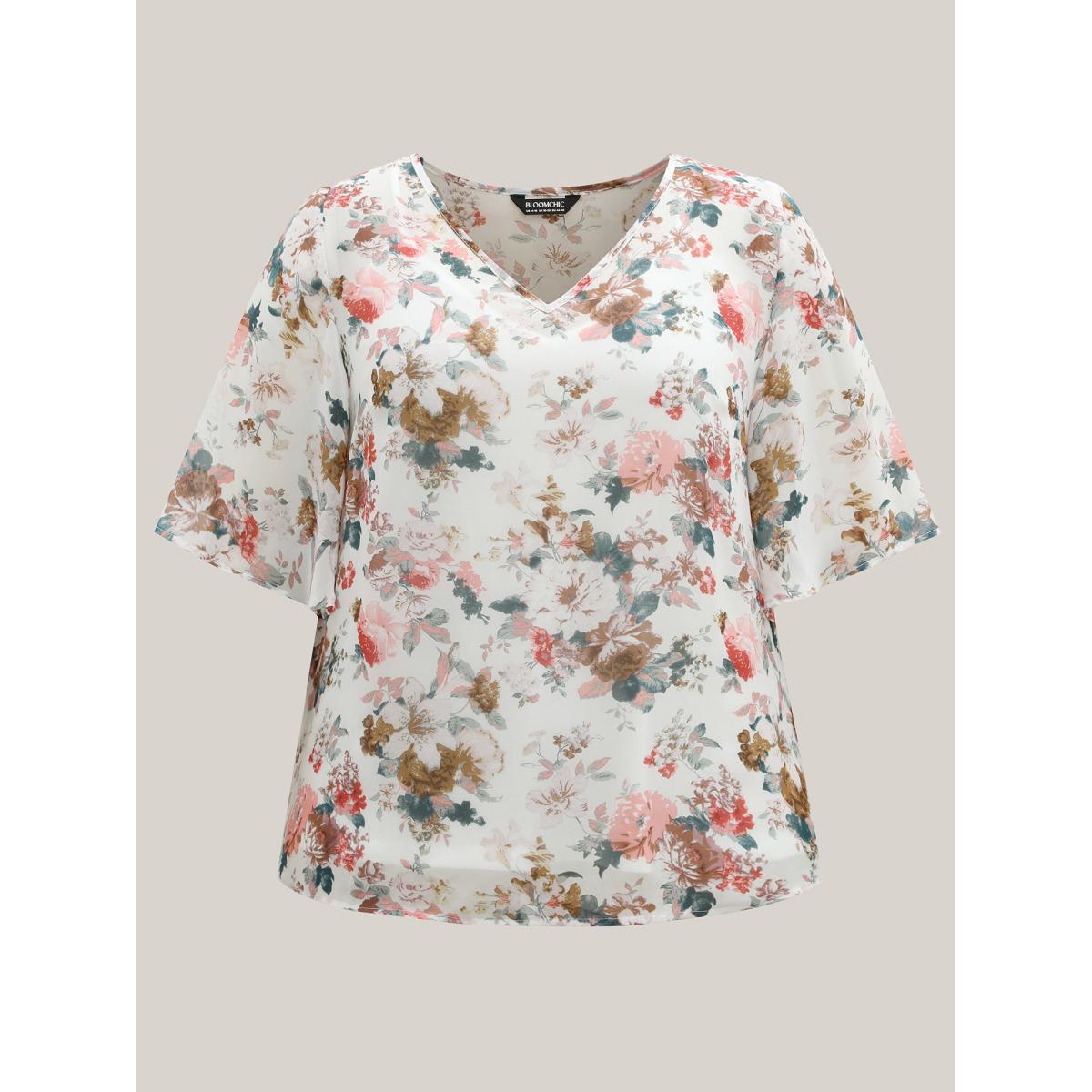 Plus Size Ivory Large Flower Print Sheer Lined Shirt Women Half Sleeve V-neck Everyday-Elegant Blouses BloomChic 28/5X Product Image