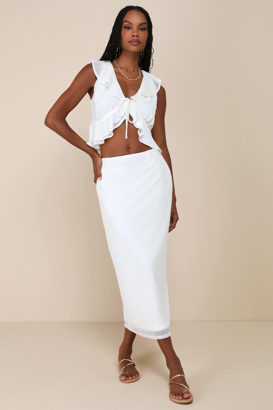 Enviable Effect Ivory Mesh Ruffled Two-Piece Midi Dress Product Image