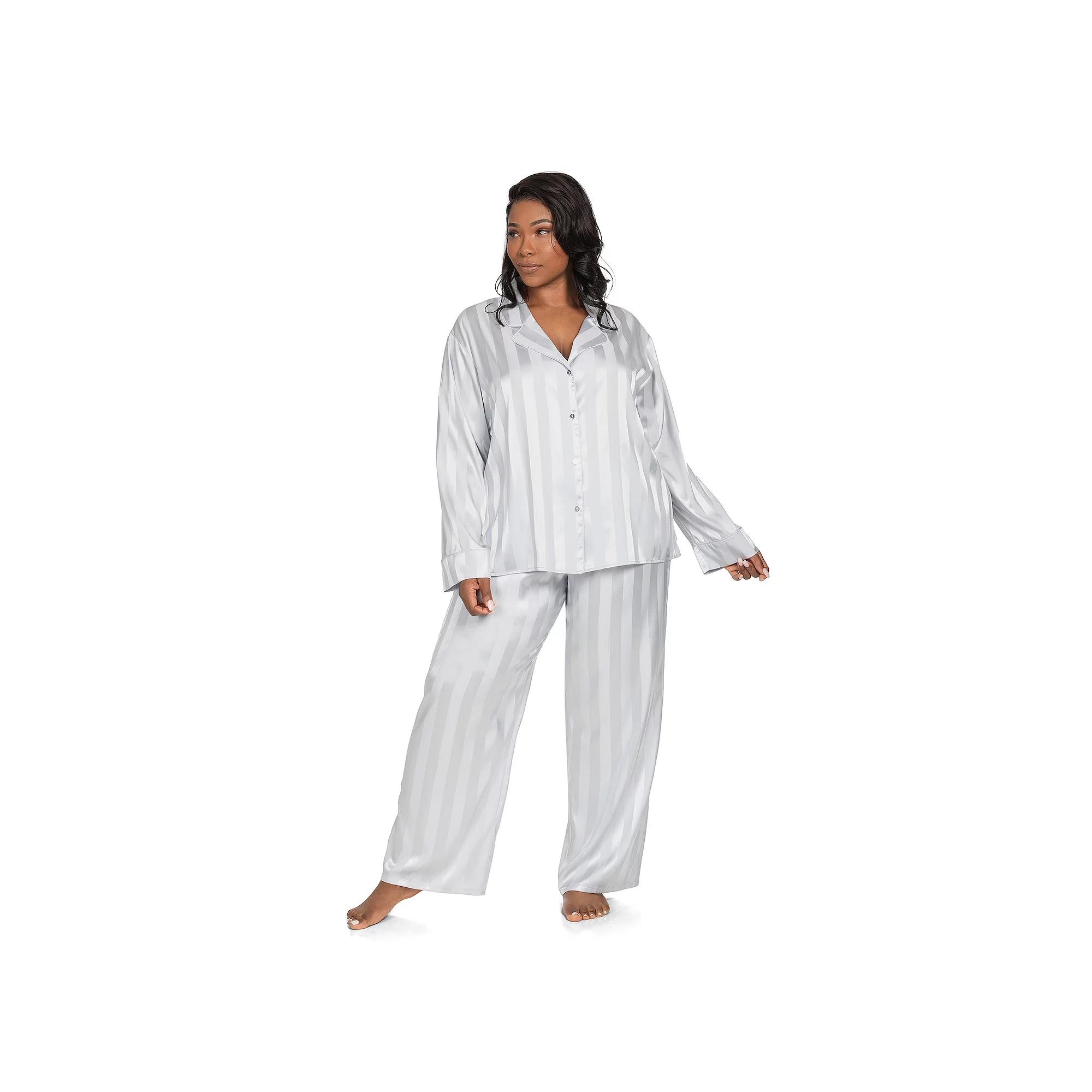 Plus Size Lilac+London Satin Notch Collar Pajama Top & Pajama Bottoms Set, Women's, Size: 1XL, Black Product Image