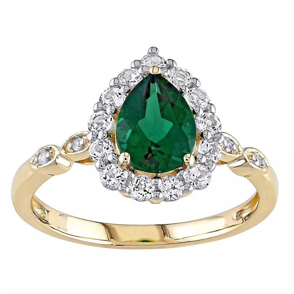 Stella Grace 10k Gold Lab-Created Emerald & Lab-Created White Topaz Teardrop Halo Ring, Women's, Size: 7.50 Product Image