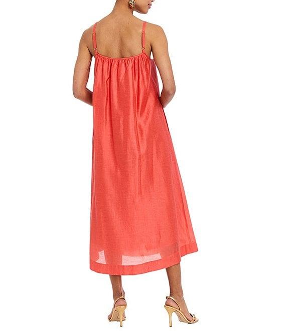 Mestiza New York Solenn Linen Blend Organza Square Neck Sleeveless Floral Applique Midi Dress Product Image