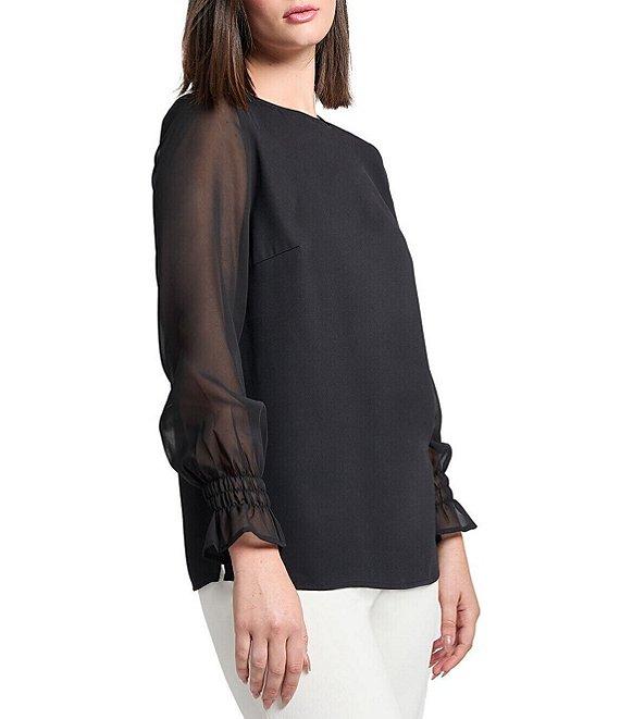 Ming Wang Crepe De Chine Round Neck Sheer Long Sleeve Blouse Product Image