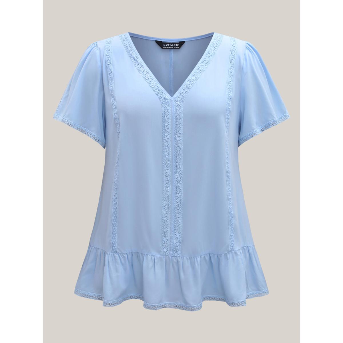 Plus Size LightBlue Rayon Lace Trim Spliced Blouse Women Short sleeve V-neck Vacation Blouses BloomChic 12/L Product Image