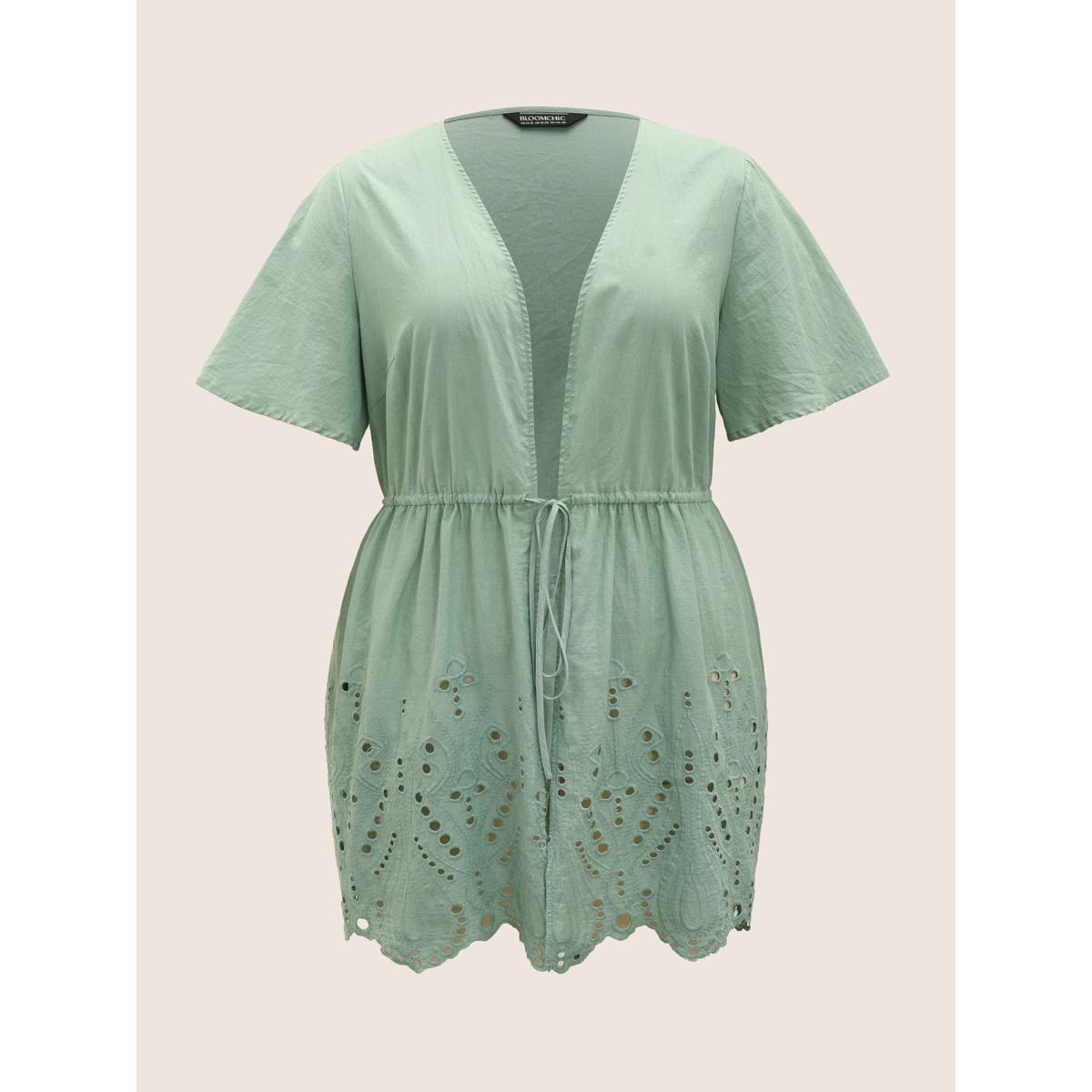 Plus Size Plain Broderie Anglaise Drawstring Kimono Women Mint Resort Embroidered Vacation Kimonos BloomChic 30/6X Product Image