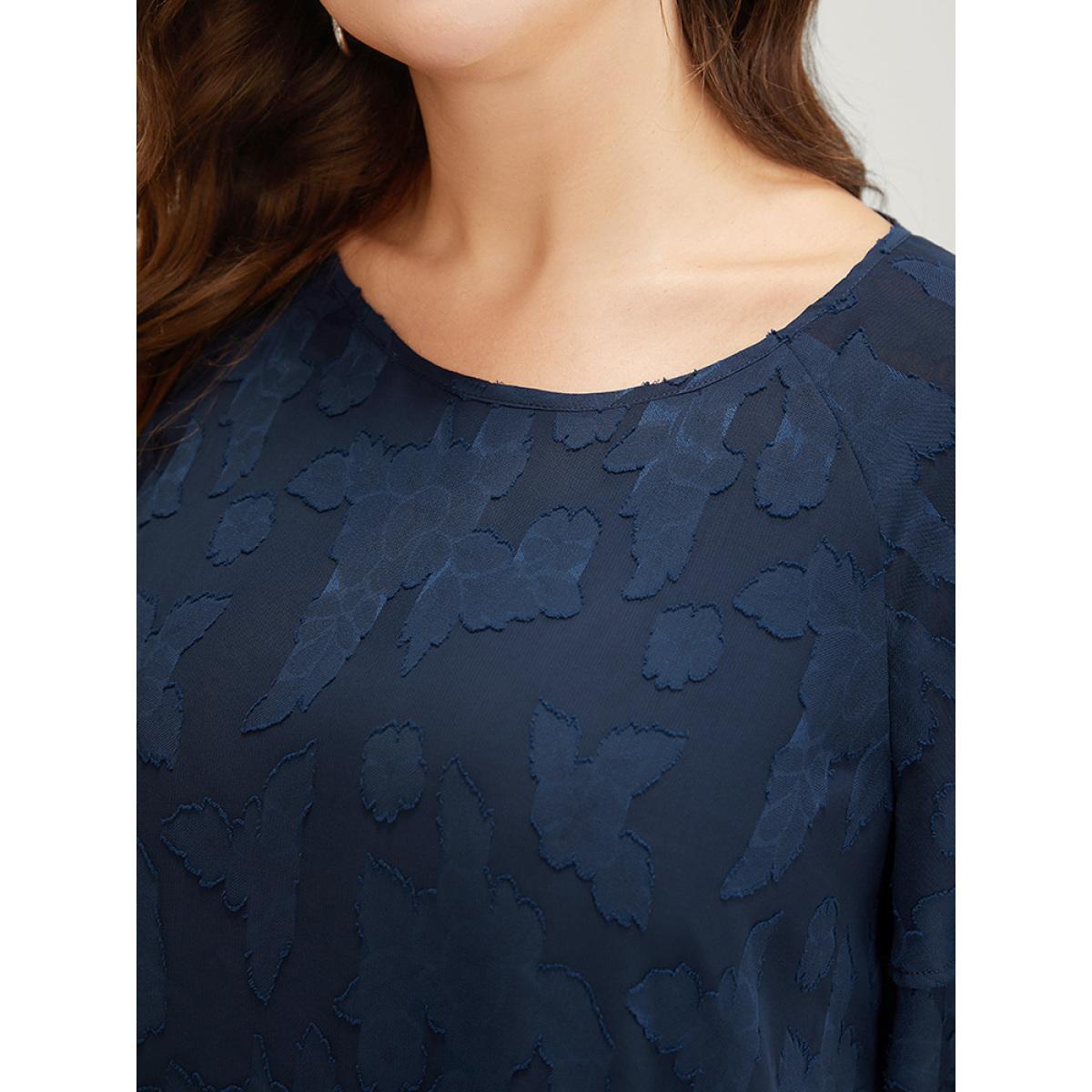 Plus Size Indigo Floral Print Ruffle Tiered Raglan Sleeve Mesh Blouse Women Elegant Short sleeve Round Neck Everyday Blouses BloomChic 18-20/2X Product Image