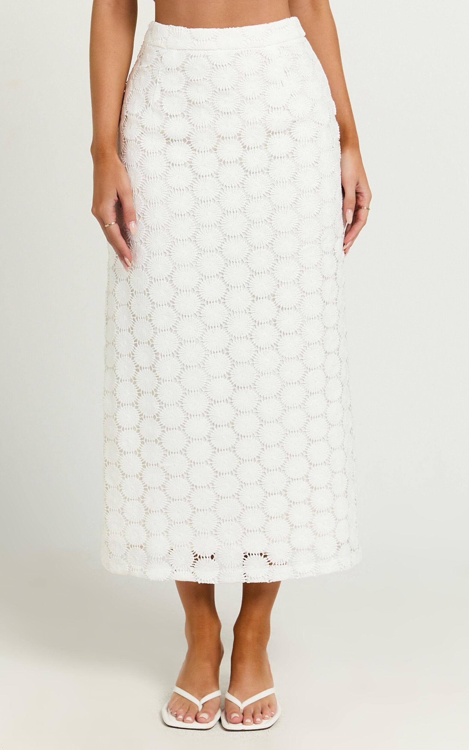 Wendy Midi Skirt - Broderie Lace High Waist Skirt in White Product Image