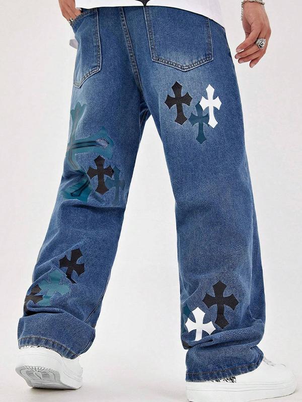Men's Clashing Cross Print Loose Jeans Product Image