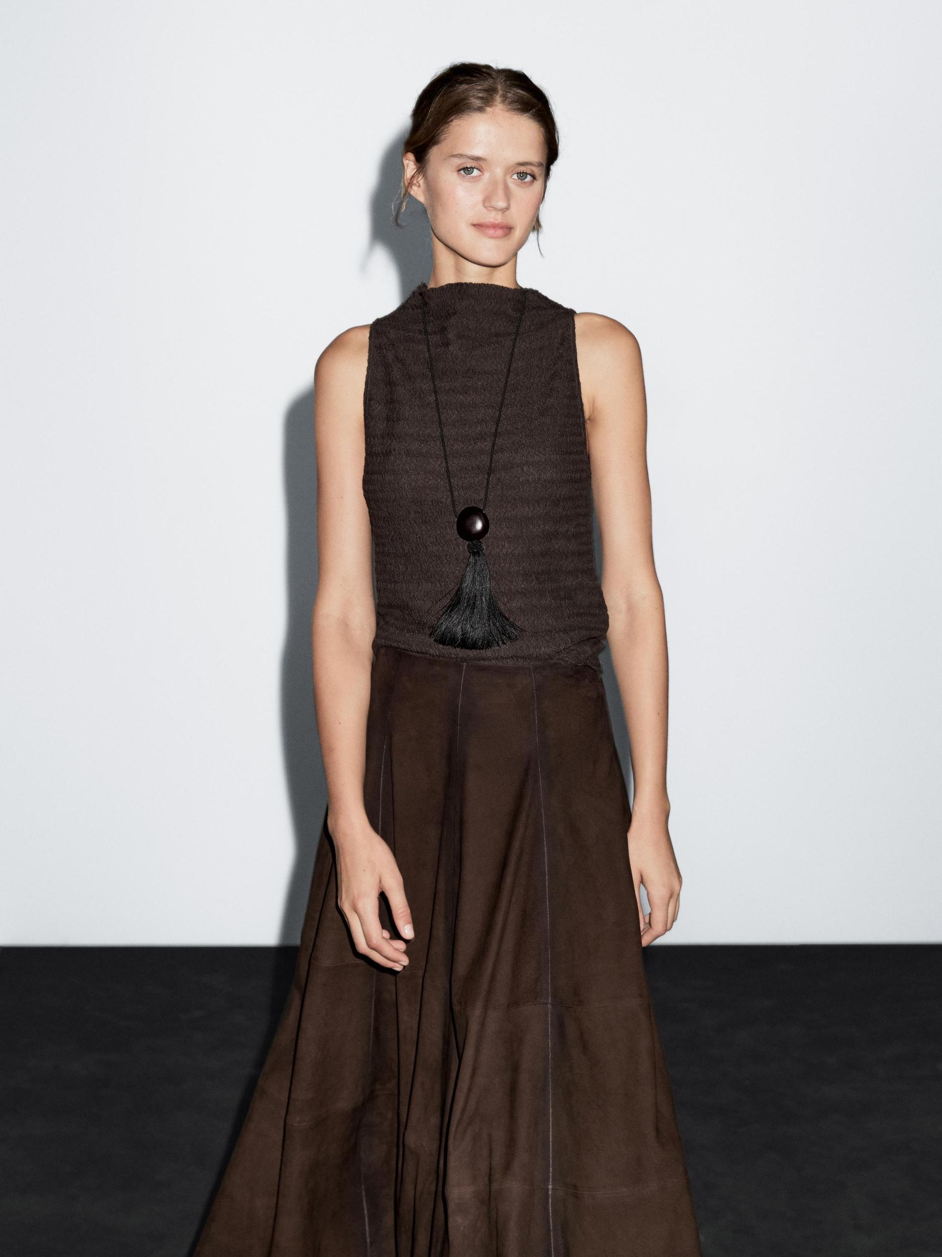 Chocolate linear waffle-knit funnel neck top Product Image