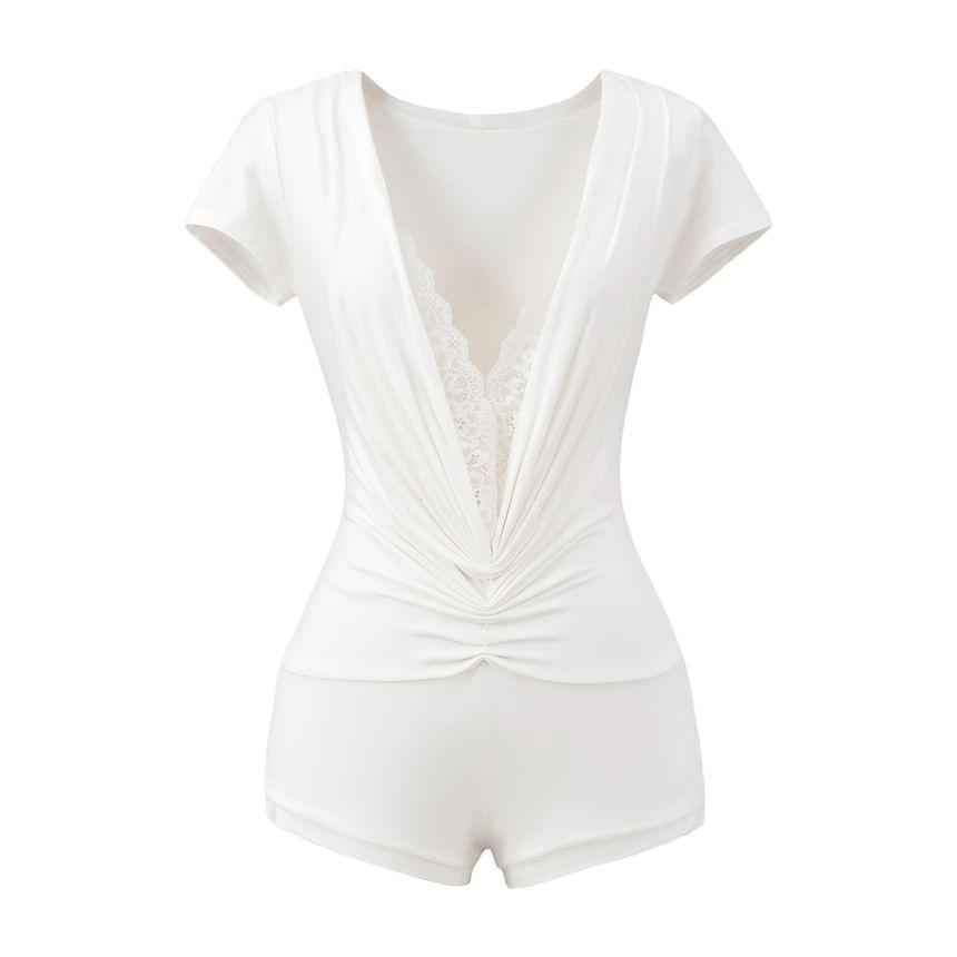 Short-Sleeve V-Neck Plain Lace Panel Slim Fit Romper Product Image
