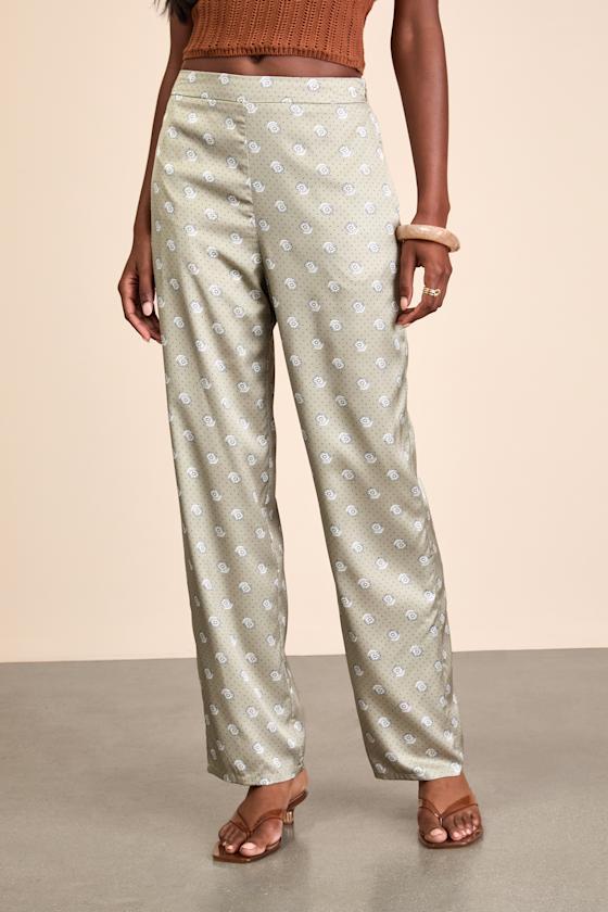 Kiora Sage Boho Print Satin Straight Leg Pants Product Image