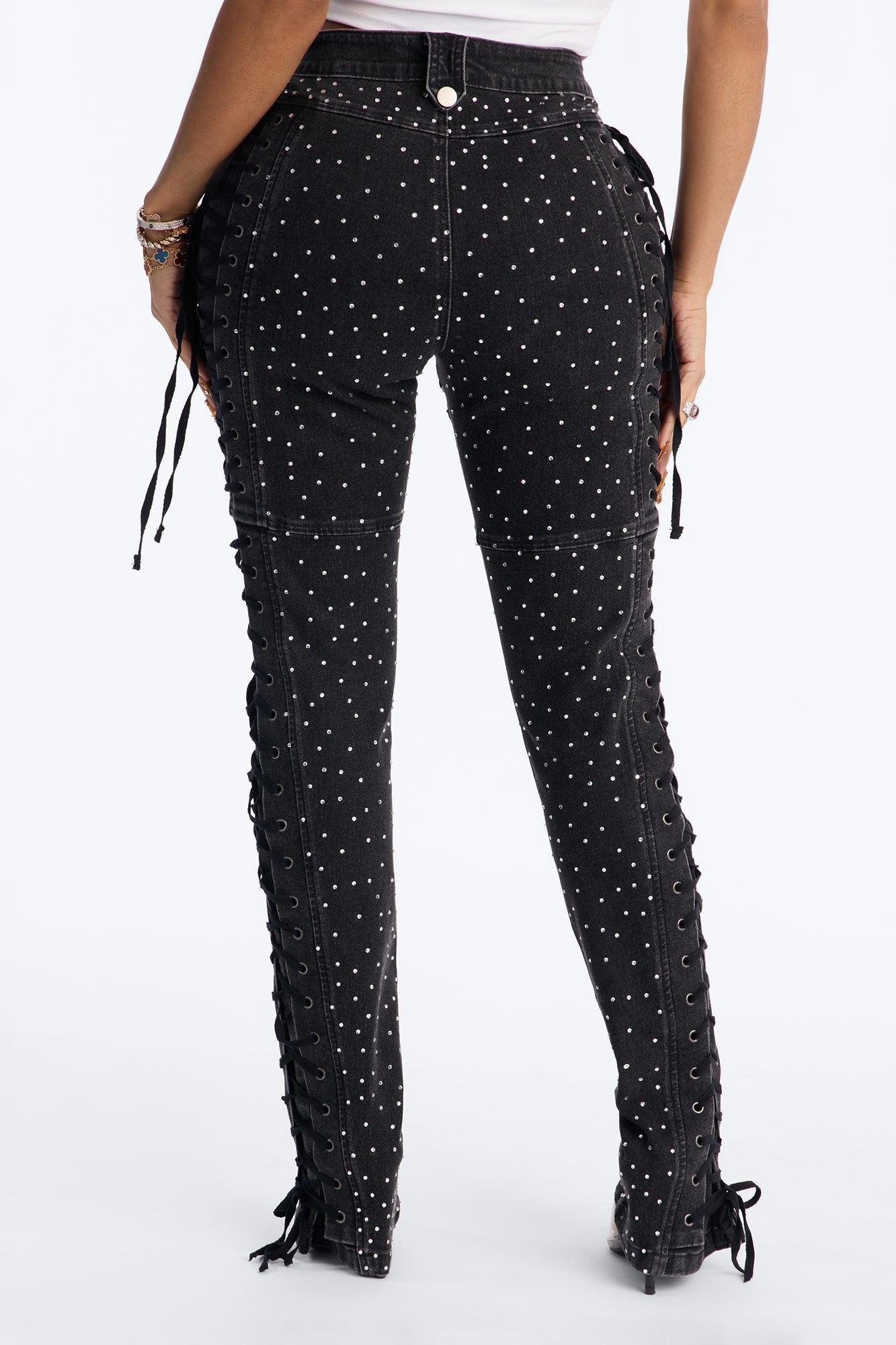 After Hours Rhinestone Lace Up Flare Pant - Black Female Product Image