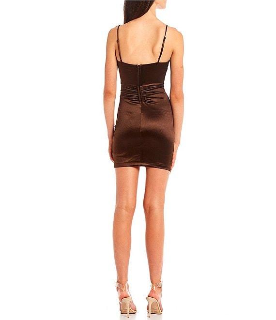 Honey and Rosie Spaghetti Strap V-Neck Ruched Satin Bodycon Dress Product Image