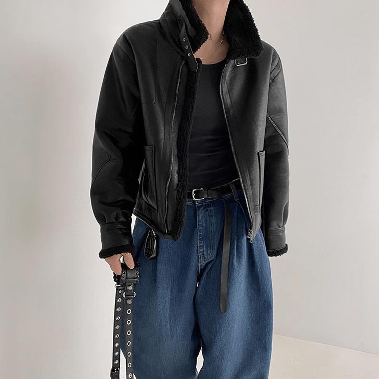 RT No. 10338 BLACK STAND COLLAR FLEECE LEATHER JK Product Image