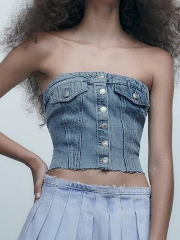 Vintage Denim Flap Detail Breasted Bandeau Top Product Image