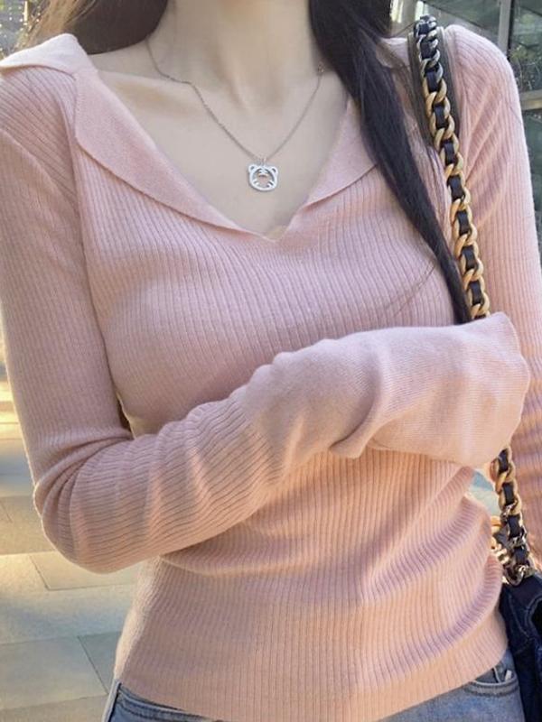 Solid V Neck Slim Long Sleeve Knit Product Image