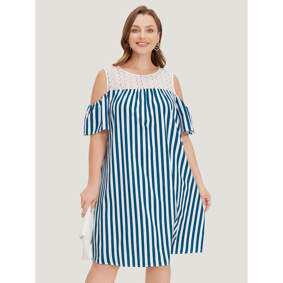 Plus Size Laser Cut Pocket Striped Patchwork Keyhole Dress Aegean Women Office Patchwork Round Neck Short sleeve Curvy Knee Dress BloomChic 18-20/2X Product Image