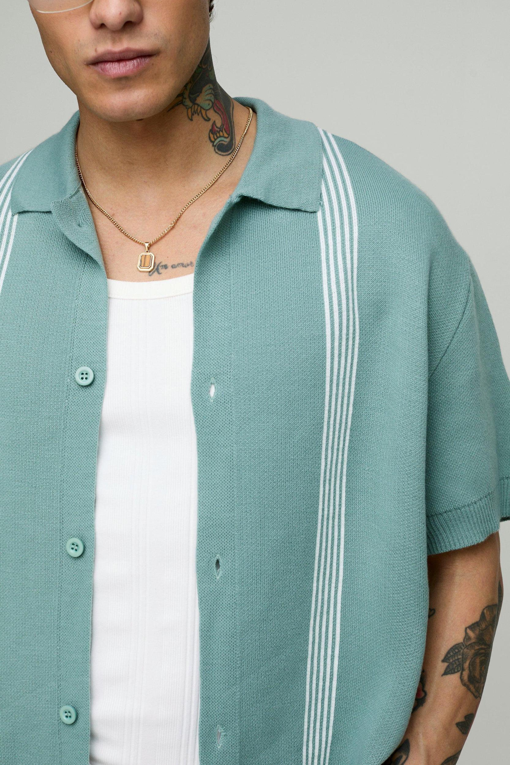 Boxy Knitted Stripe Shirt | boohooMAN USA Product Image