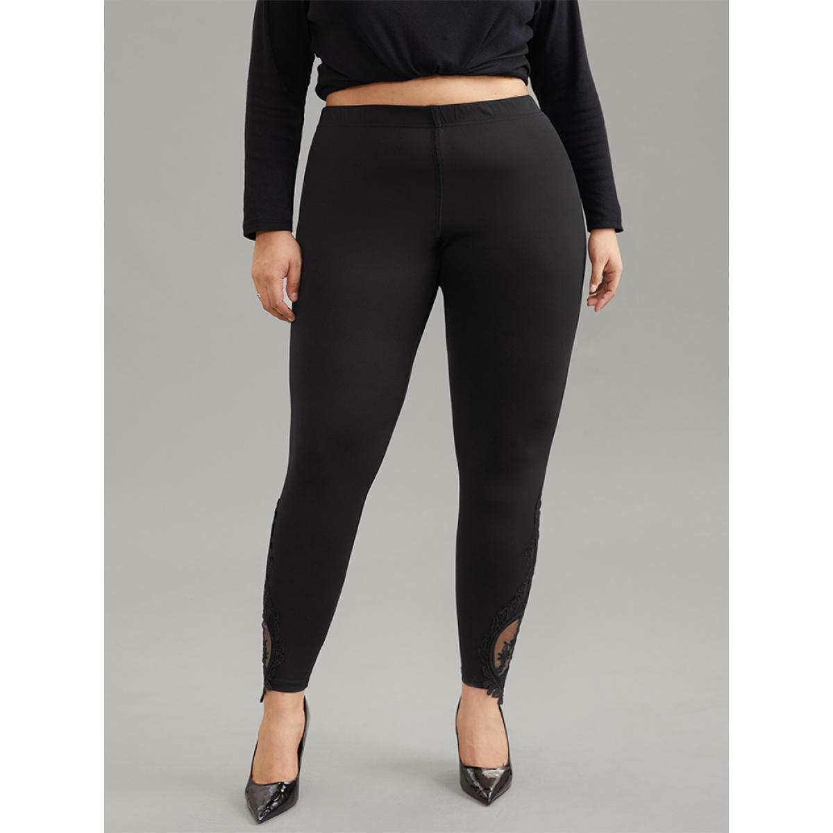 Plus Size High Rise Crochet Lace Mesh Hem Leggings Women Black Casual High stretch Skinny High Rise Dailywear Leggings BloomChic 22-24/3X Product Image